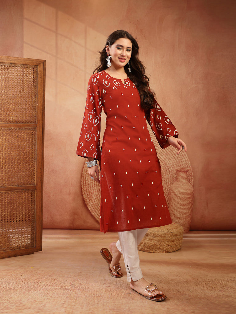 Women's Rust Ethnic Printed Cotton Straight Kurta