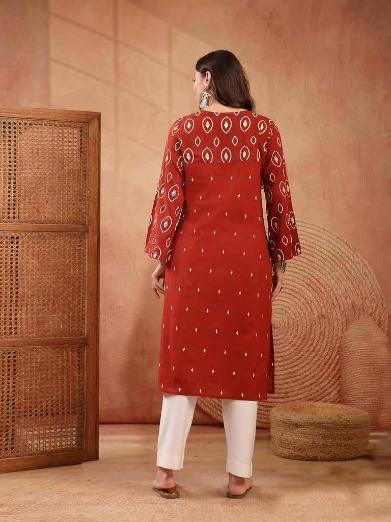 Women's Rust Ethnic Printed Cotton Straight Kurta