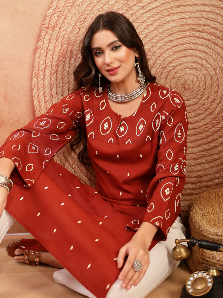 Women's Rust Ethnic Printed Cotton Straight Kurta