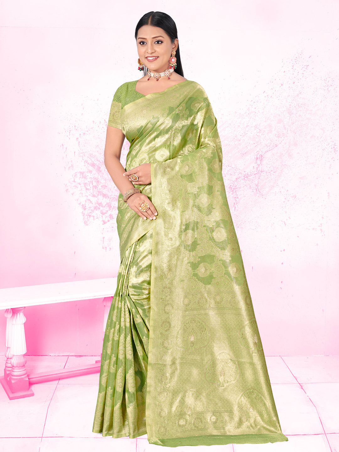 Women's Light Green Cotton Woven Work Traditional Tassels Saree - Sangam Prints