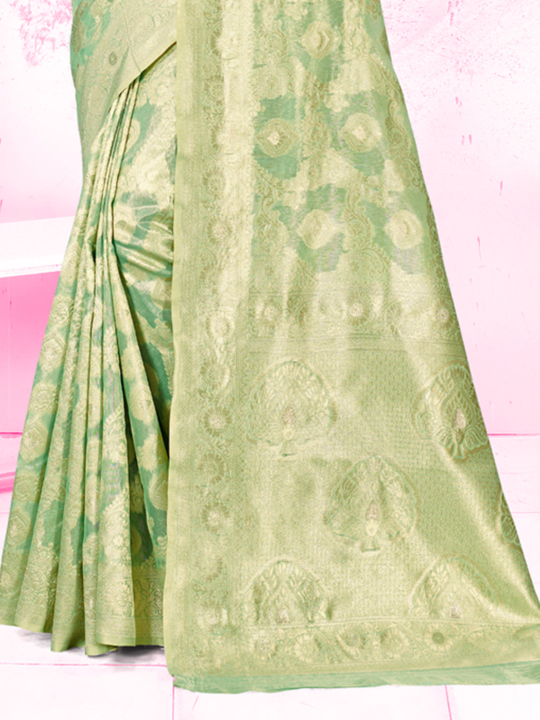 Women's Green Cotton Woven Work Traditional Tassels Saree - Sangam Prints
