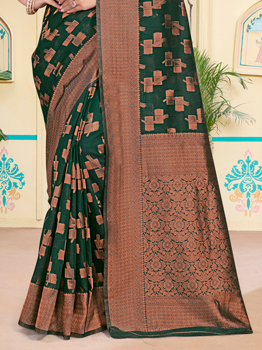 Women's Dark Green Cotton Woven Work Traditional Tassels Saree - Sangam Prints