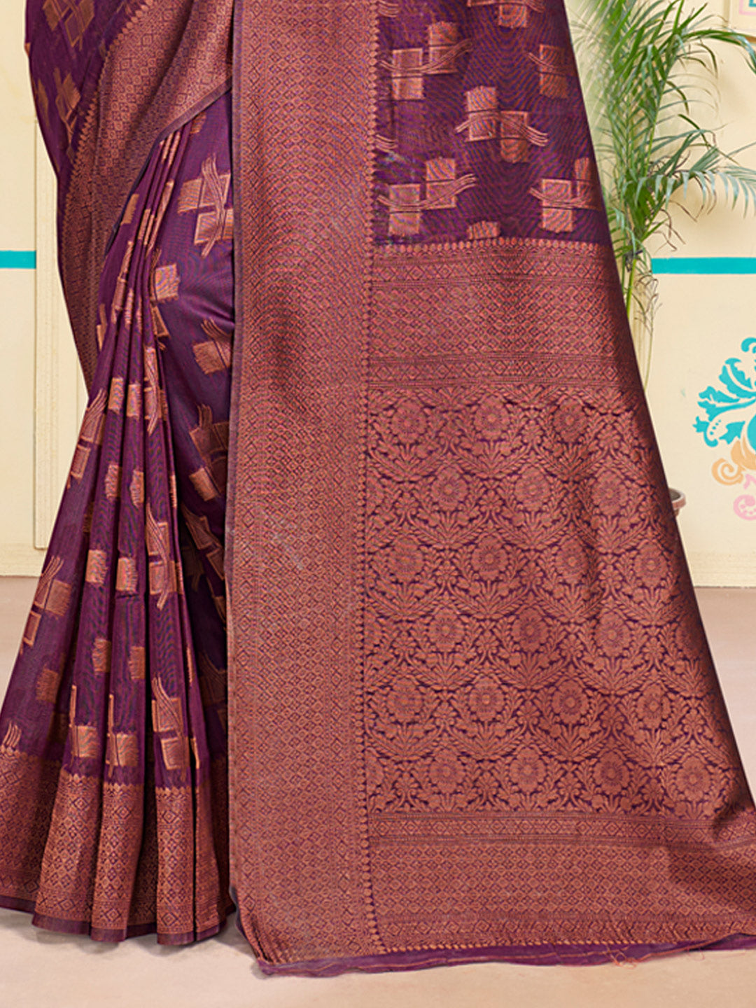 Women's Purple Cotton Woven Work Traditional Tassels Saree - Sangam Prints