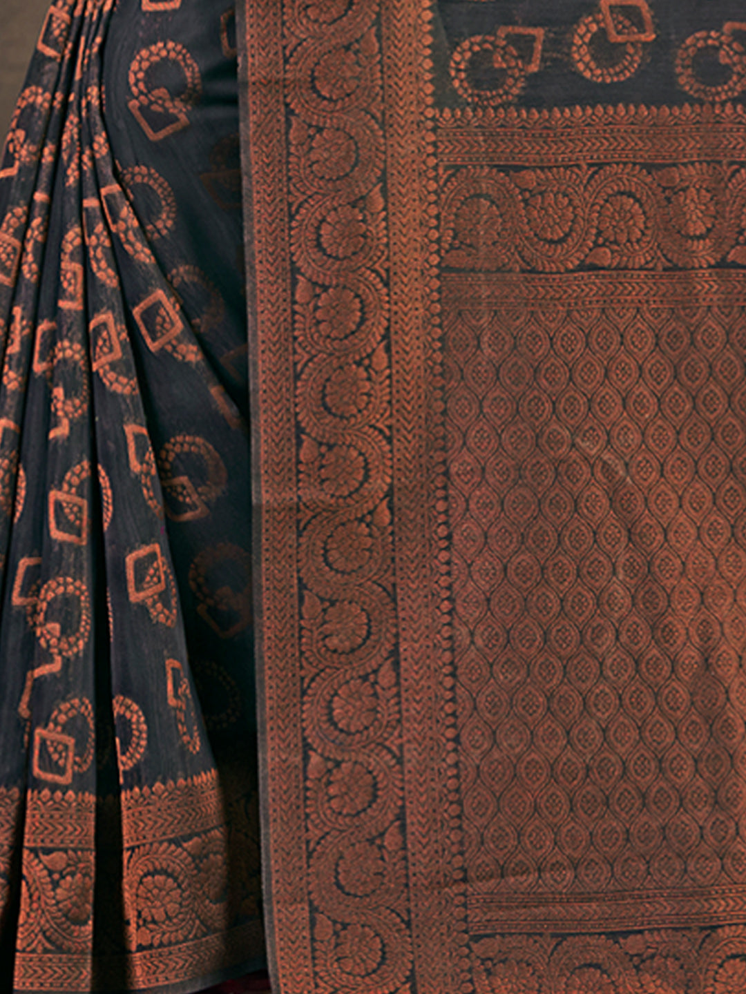 Women's Navy Blue Cotton Woven Work Traditional Tassels Saree - Sangam Prints