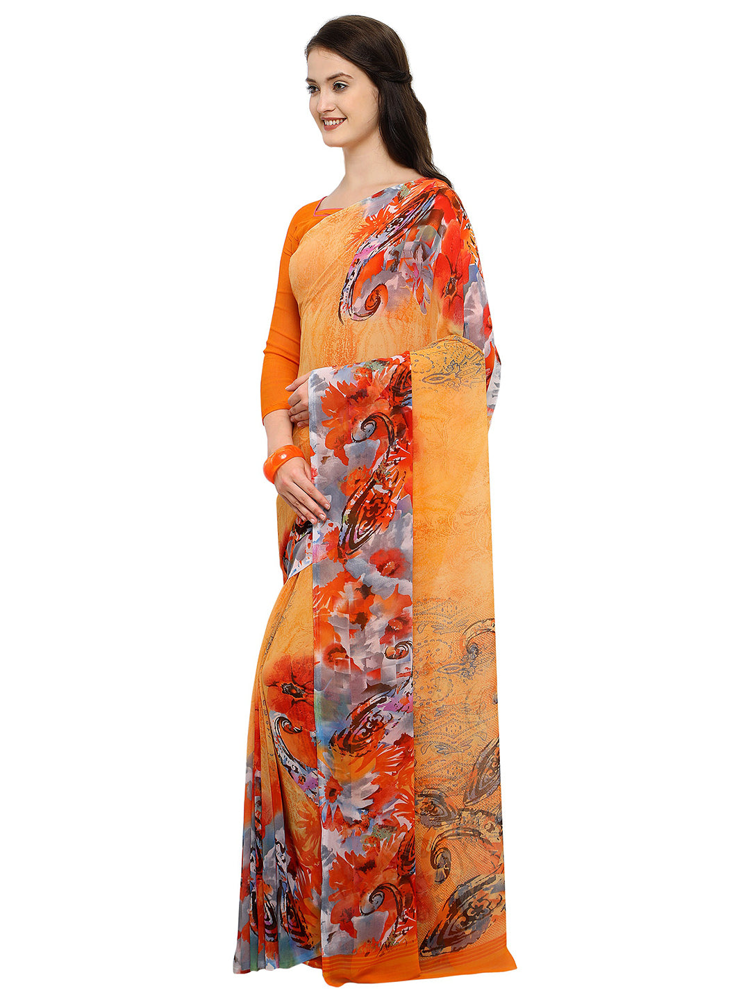 Women's Orange Georgette Printed Saree - Ahika