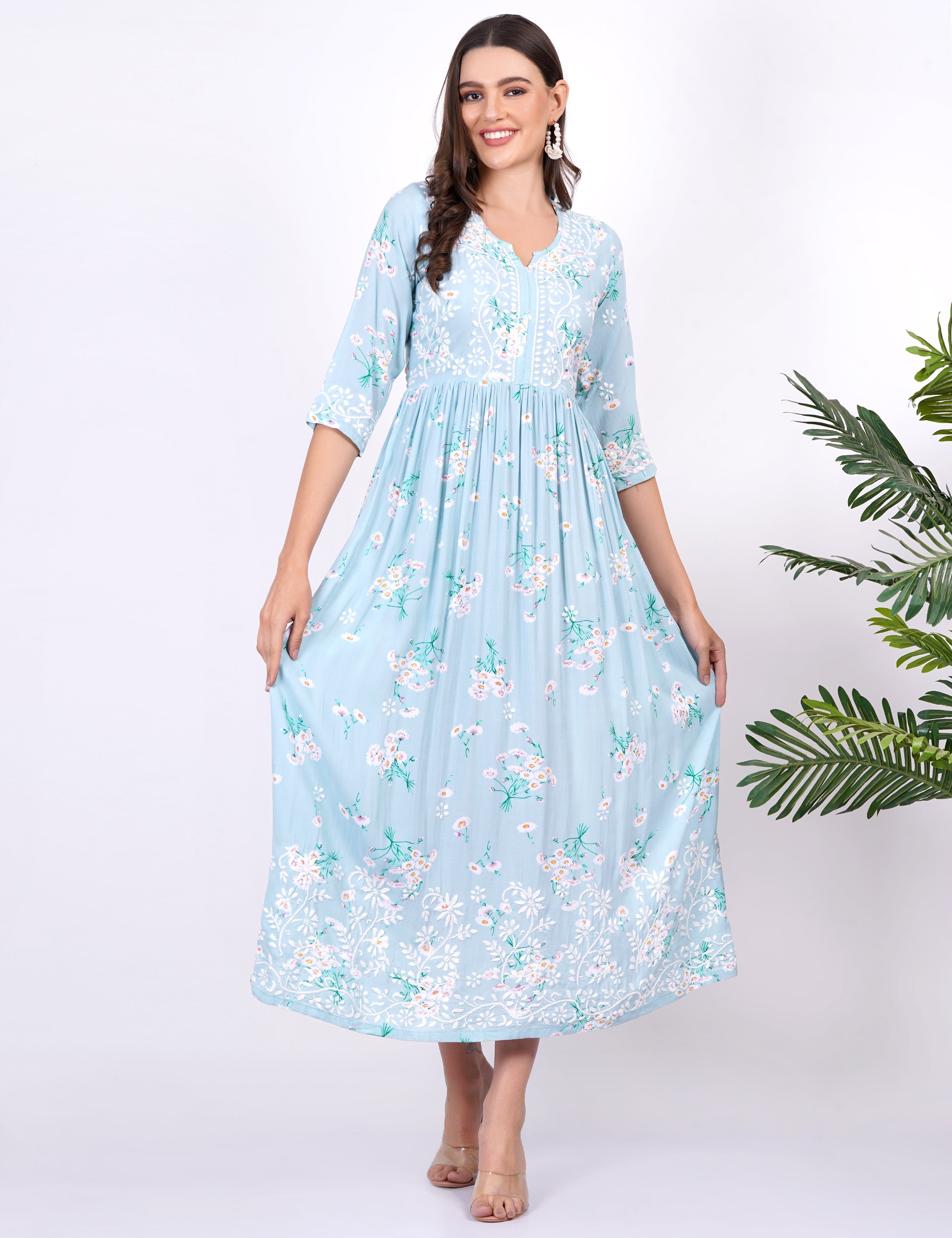 Women's Blue Rayon Printed Chikankari Dress