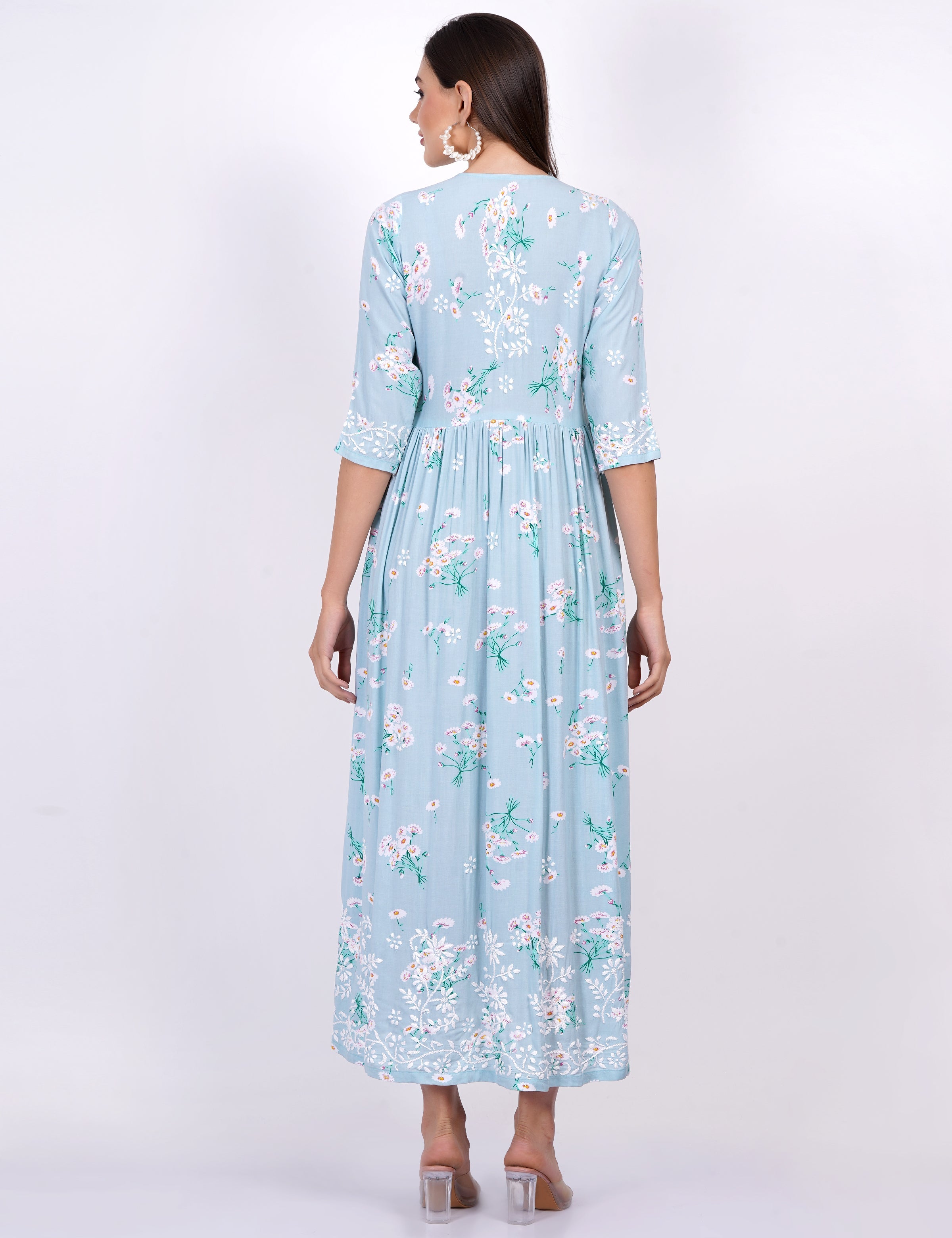 Women's Blue Rayon Printed Chikankari Dress