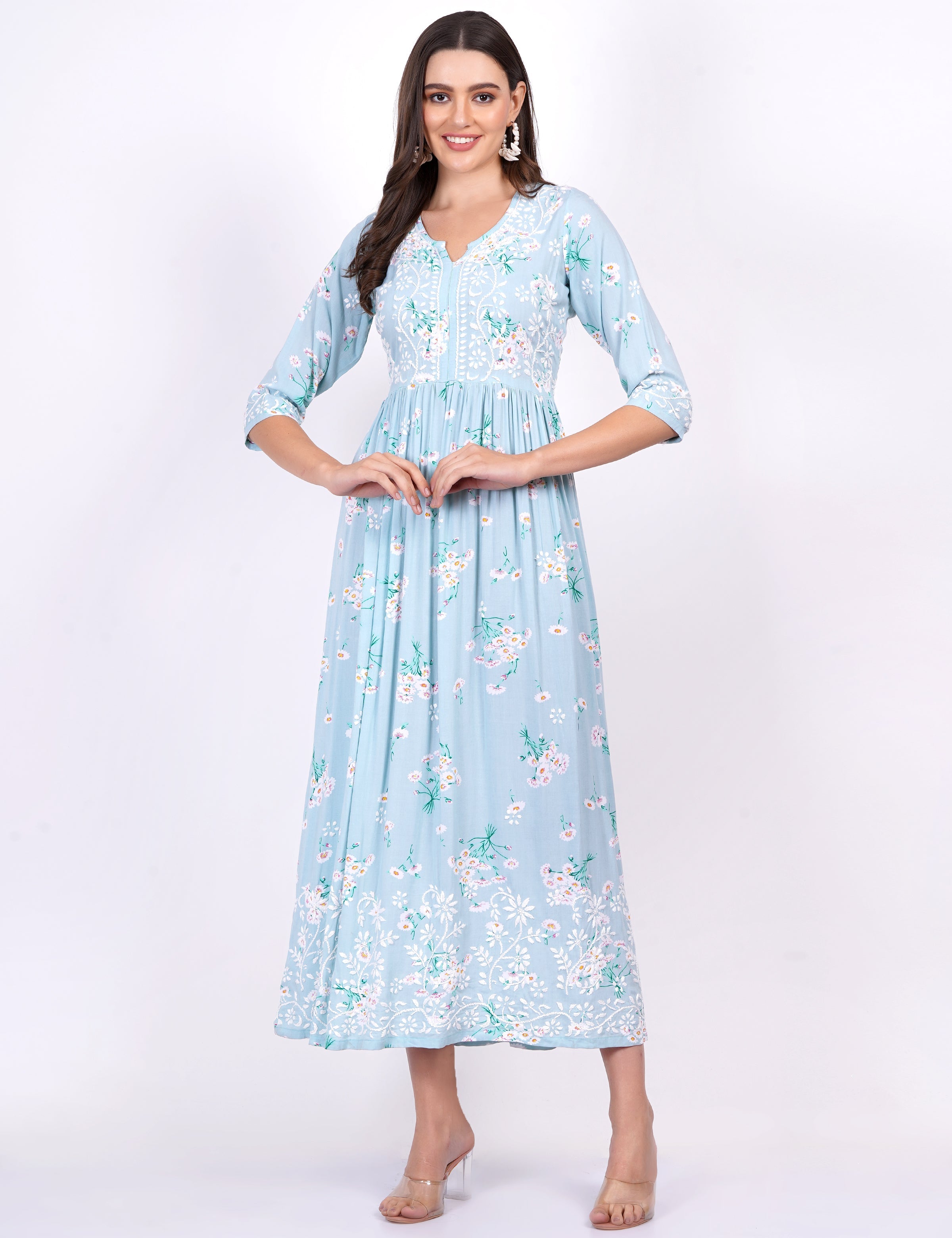 Women's Blue Rayon Printed Chikankari Dress