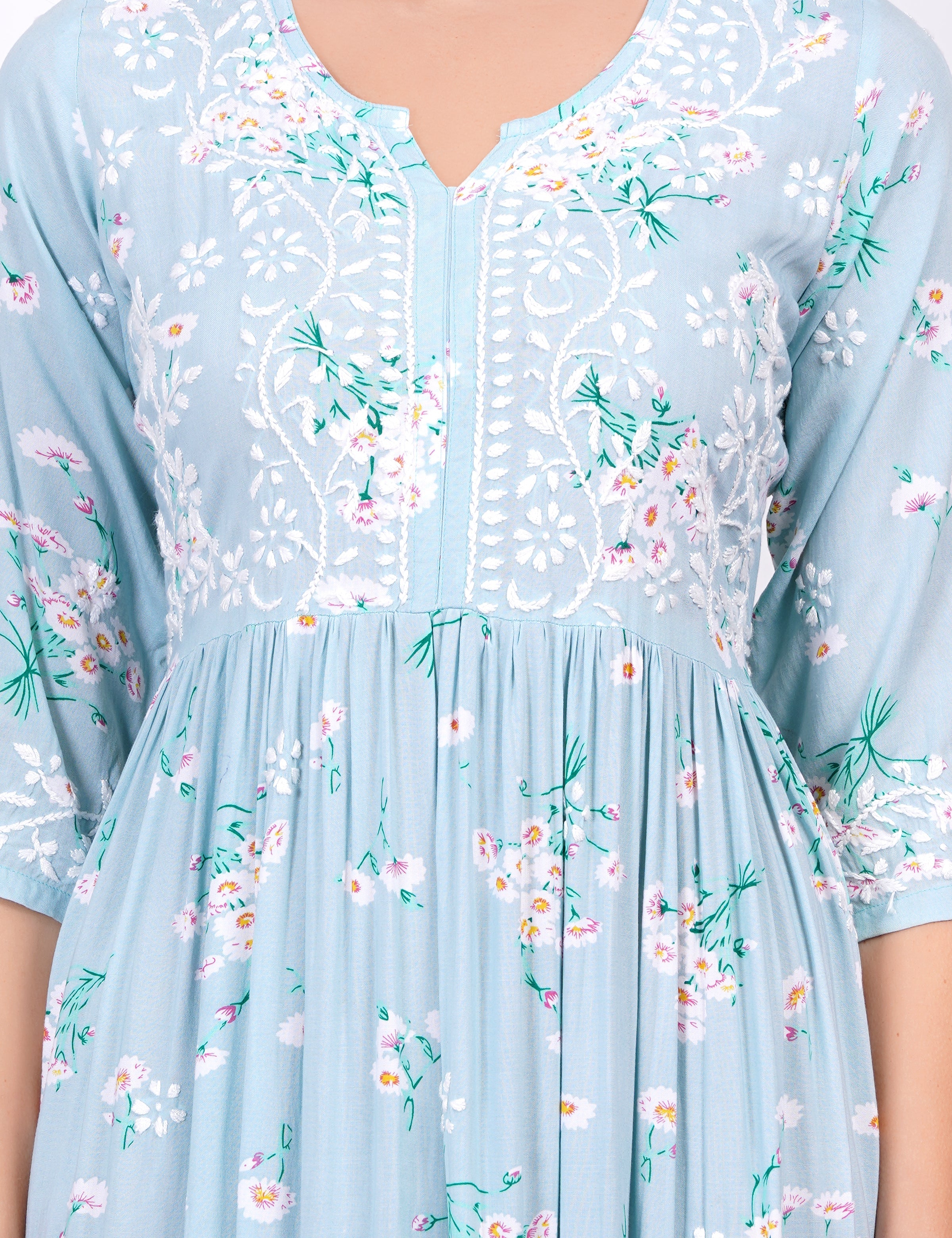 Women's Blue Rayon Printed Chikankari Dress