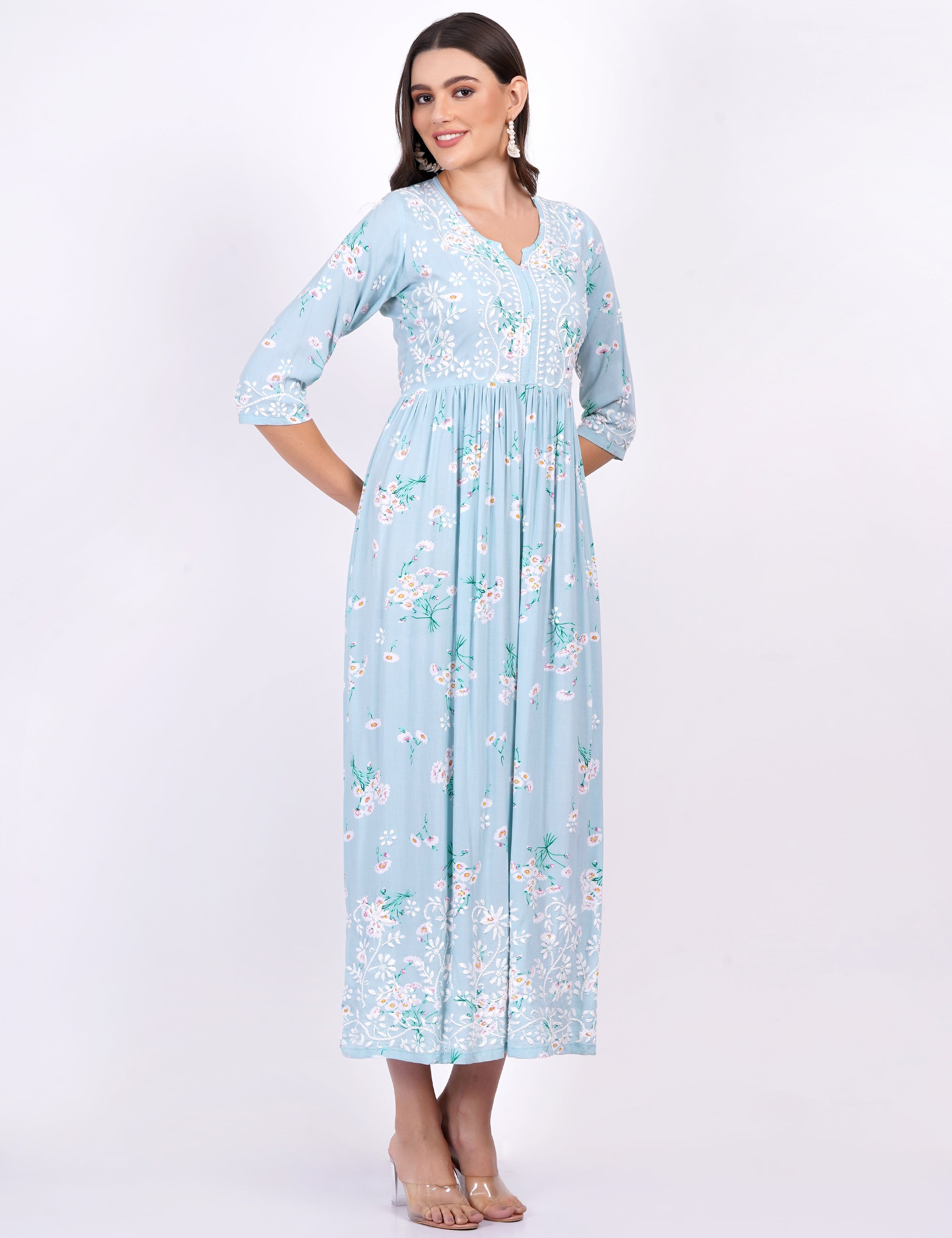 Women's Blue Rayon Printed Chikankari Dress