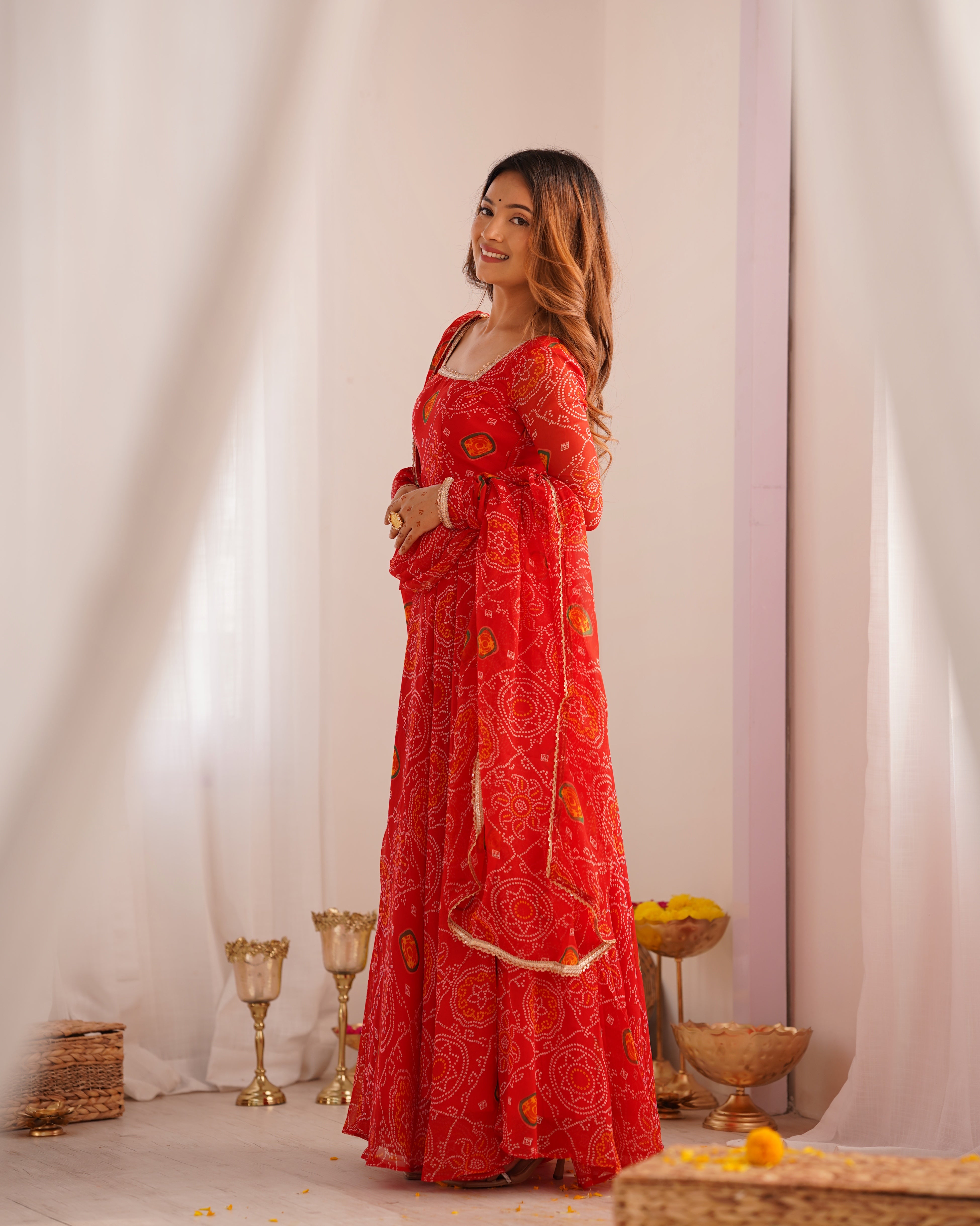 Women's Red Chiffon Printed Anarkali Set Red / XS
