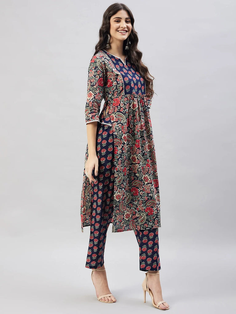 Women's Navy Blue Floral Print Naira Cut Kurta Set