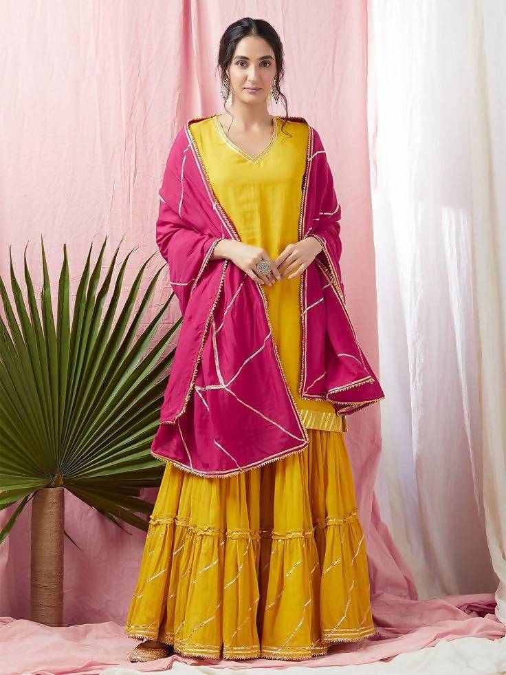 Women's Yellow And Pink Cambric Cotton Kurta Skirt Dupatta Set - Final Clearance Sale
