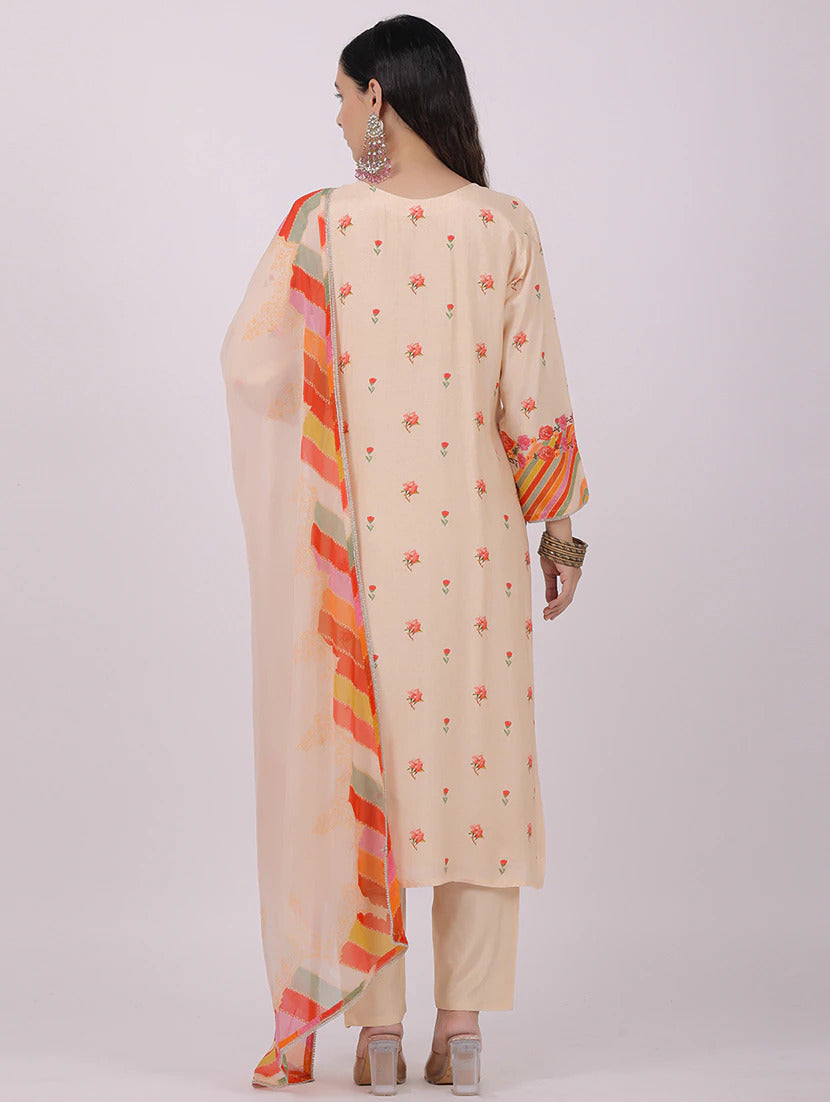 Women's Round Neck Embroidered Work, Chanderi Fabric Kurta & Pant With Dupatta Set - Taantav