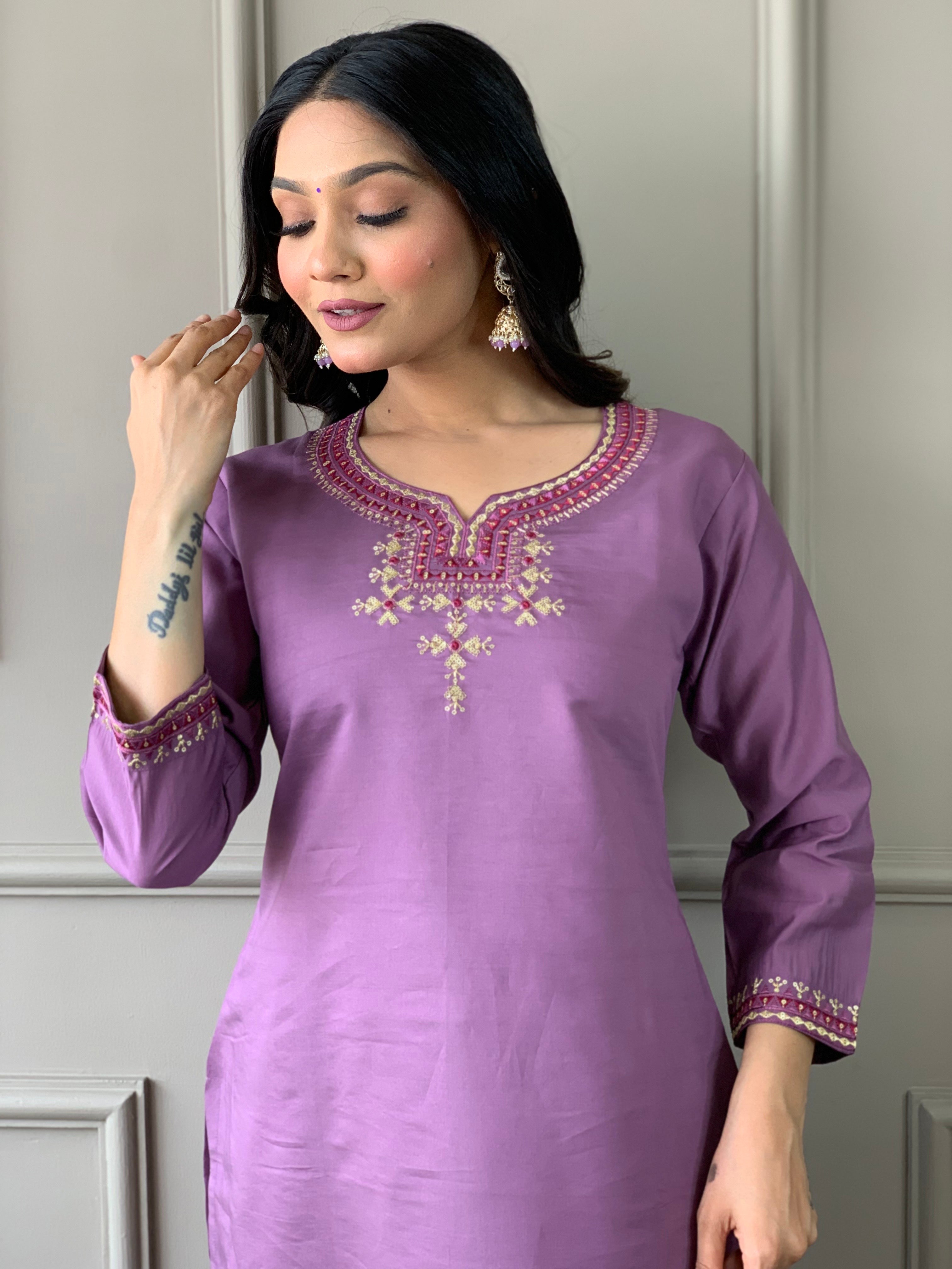 Women's V Neck Embroidered Work Viscose Rayon Fabric Kurta & Pant With Dupatta Set - Taantav