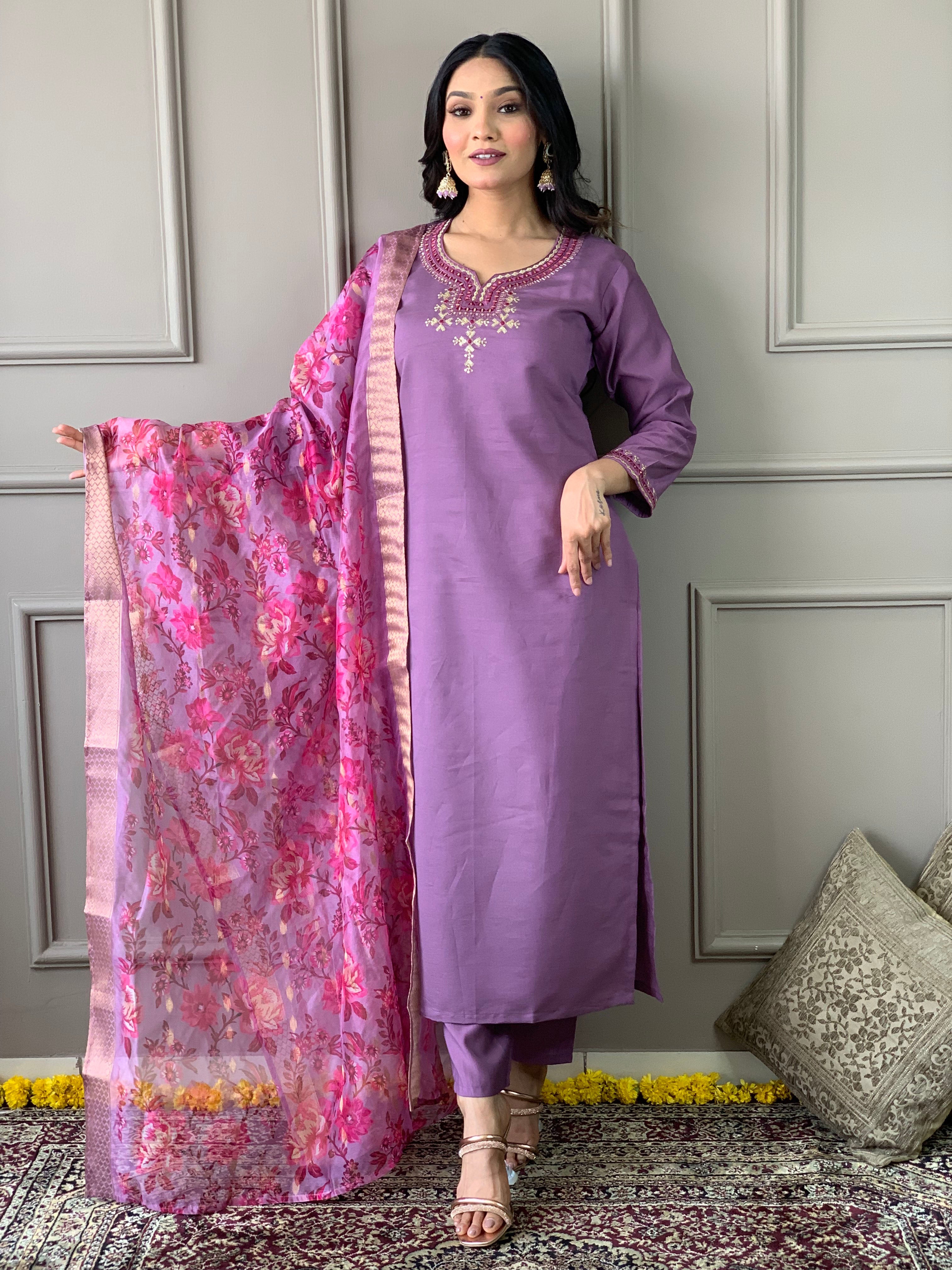 Women's V Neck Embroidered Work Viscose Rayon Fabric Kurta & Pant With Dupatta Set - Taantav