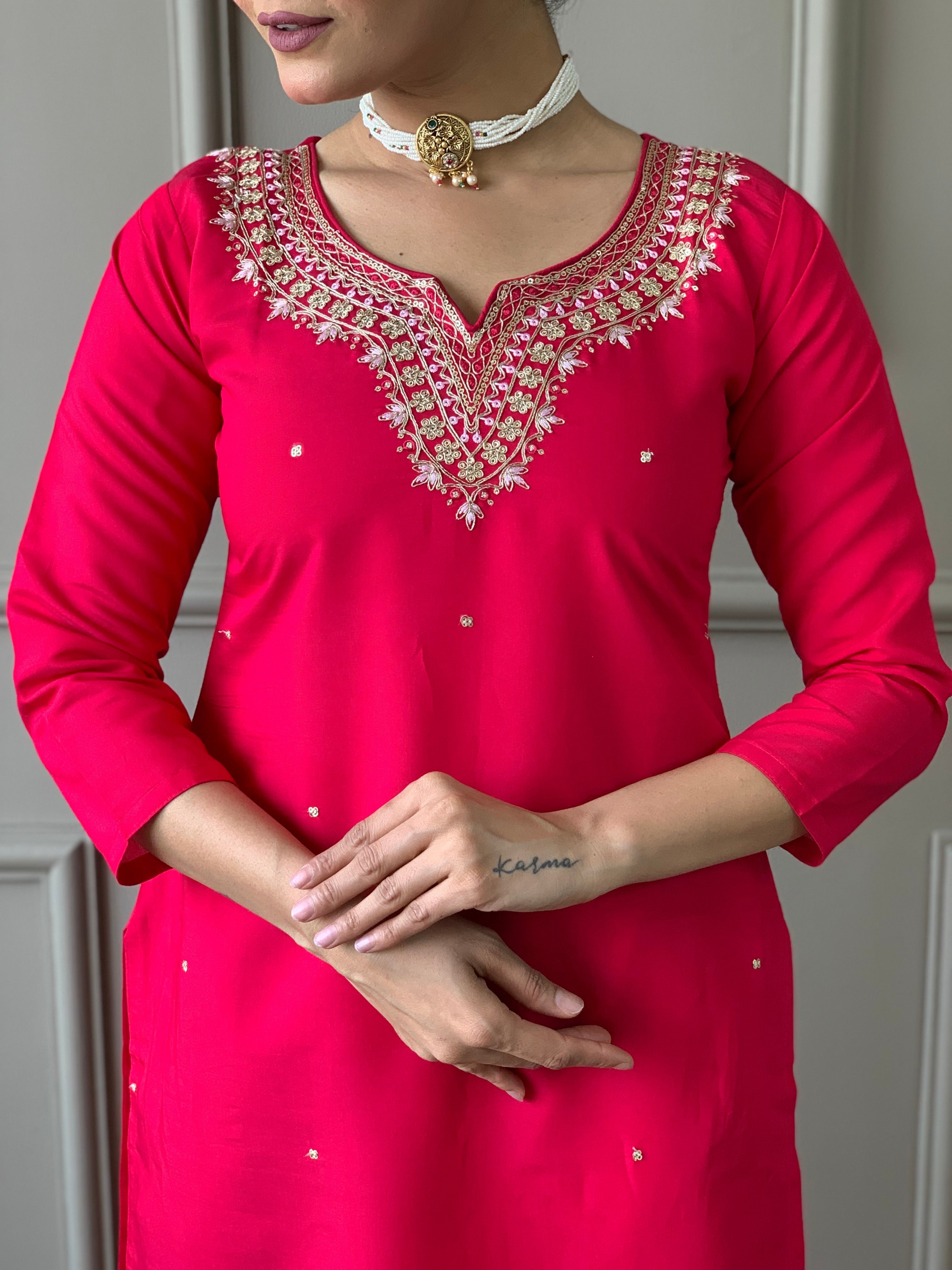 Women's V Neck Embroidered Work, Chanderi Fabric Kurta & Pant With Dupatta Set - Taantav