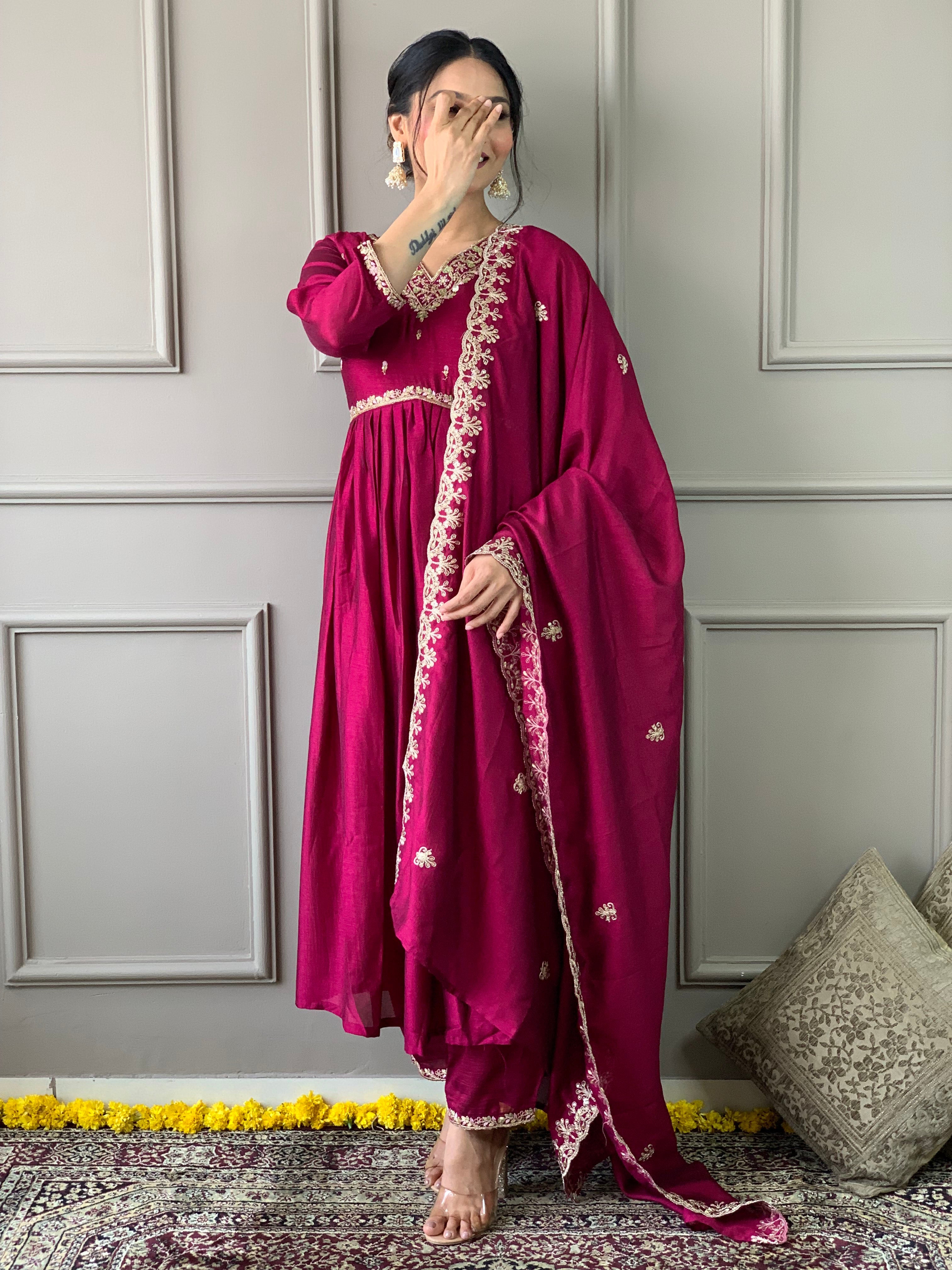 Women's V Neck Embroidered Work Vichitra Silk Fabric Kurta & Pant With Dupatta Set - Taantav