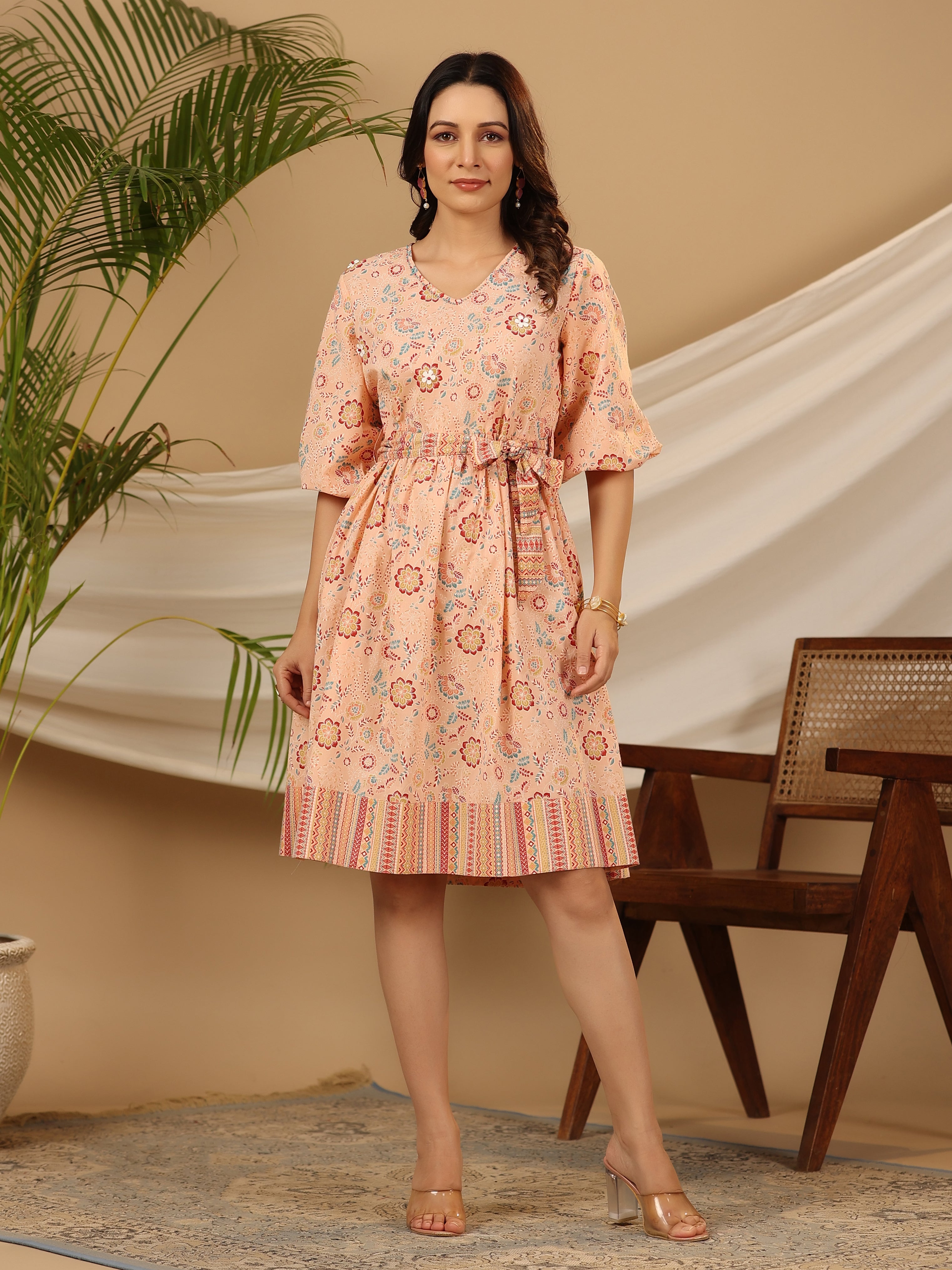 Women's Peach Cotton Cambric Printed Dress – Trendia