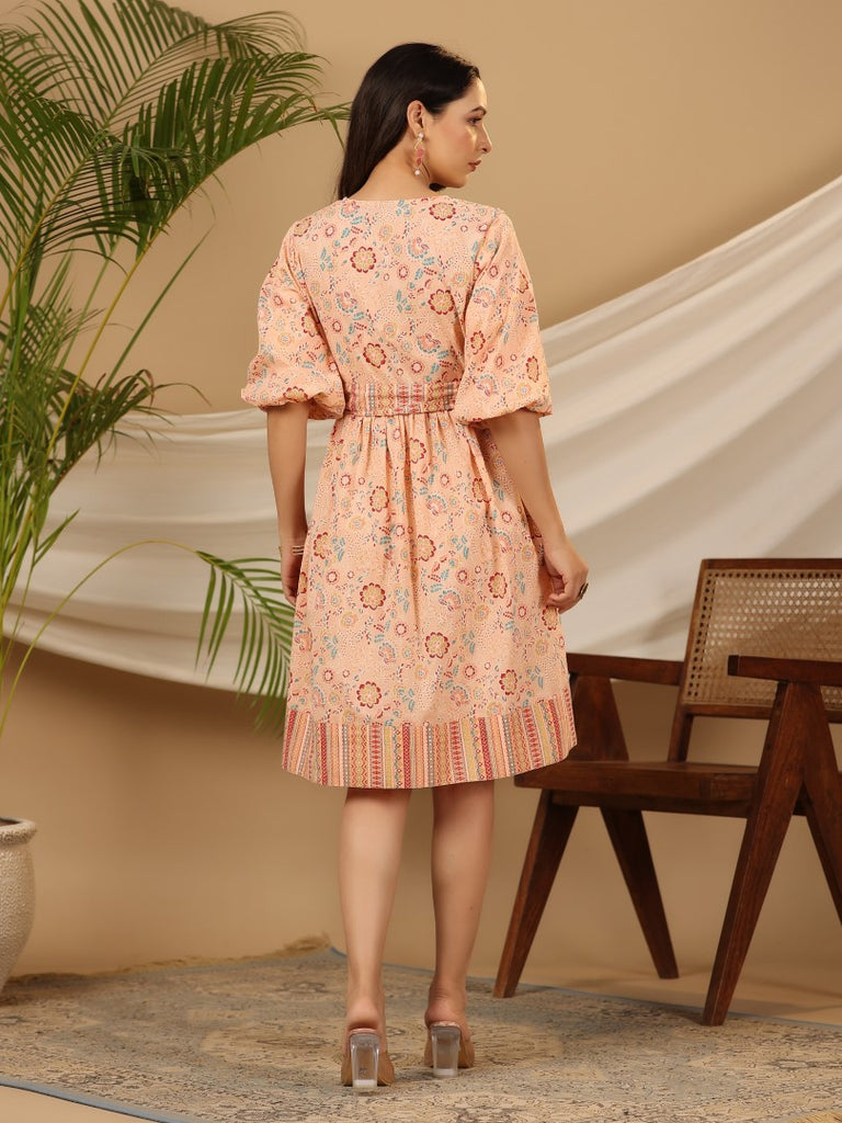 Women's Peach Cotton Cambric Printed Dress