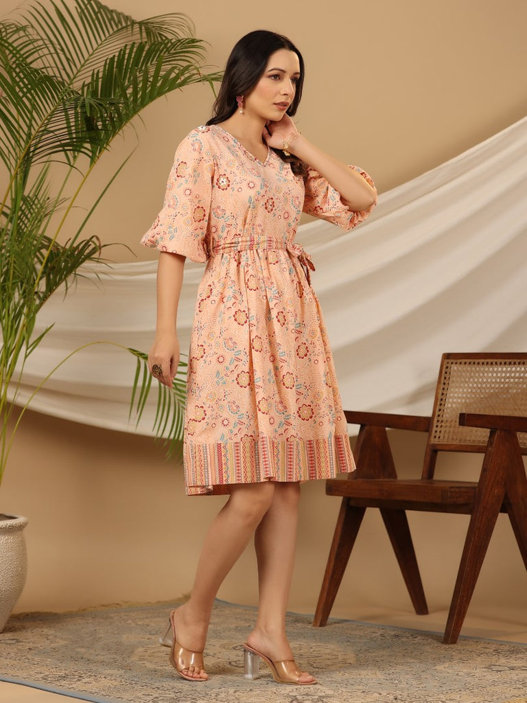 Women's Peach Cotton Cambric Printed Dress