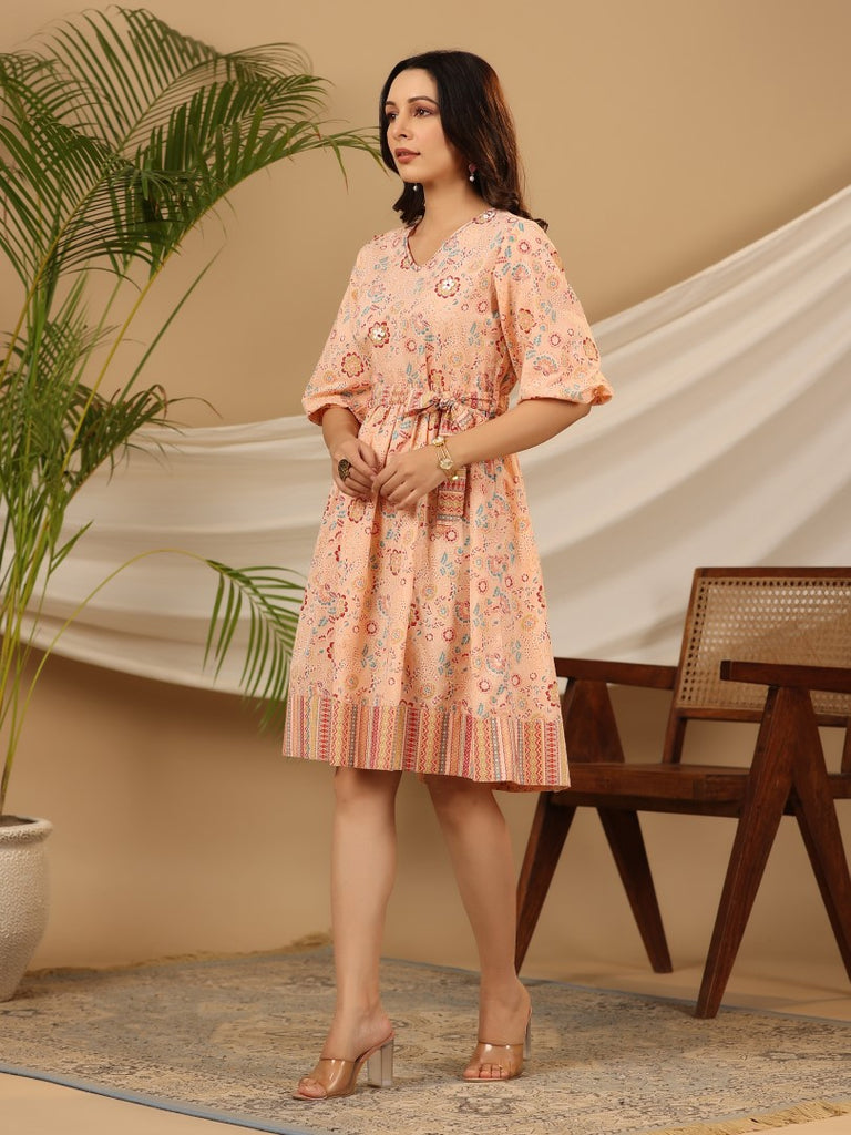 Women's Peach Cotton Cambric Printed Dress