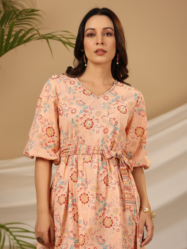 Women's Peach Cotton Cambric Printed Dress
