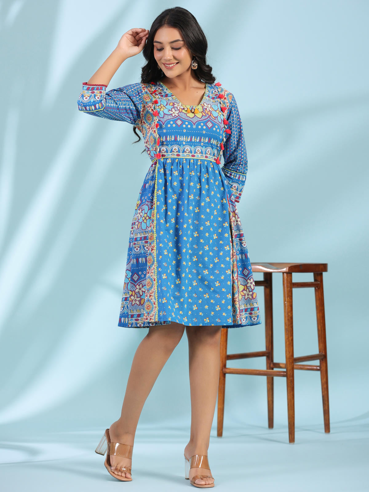 cotton cambric dress Women's Blue Cotton Cambric Printed Dress