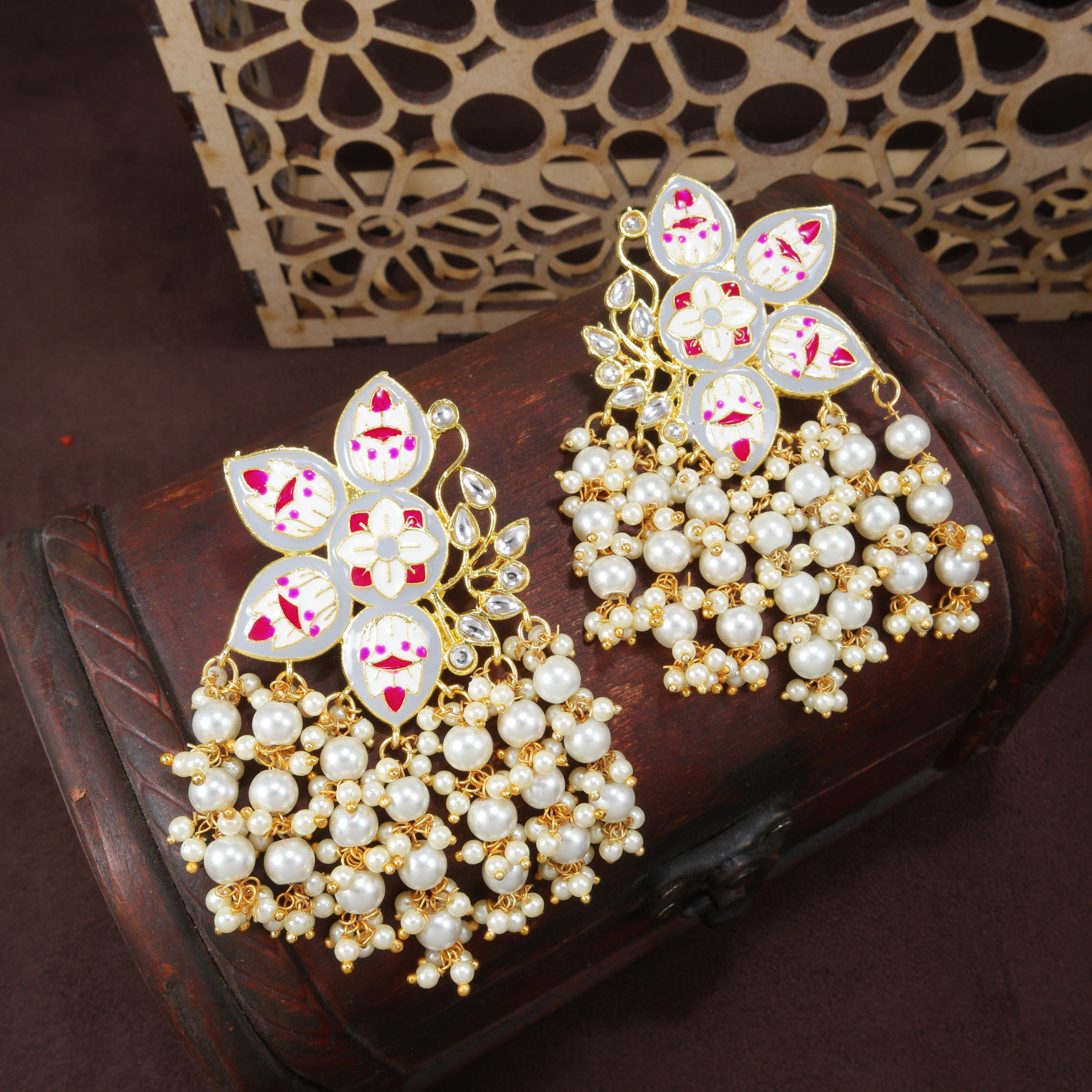 Women's 18k green gold plated handcrafted kundan studded floral drop earrings