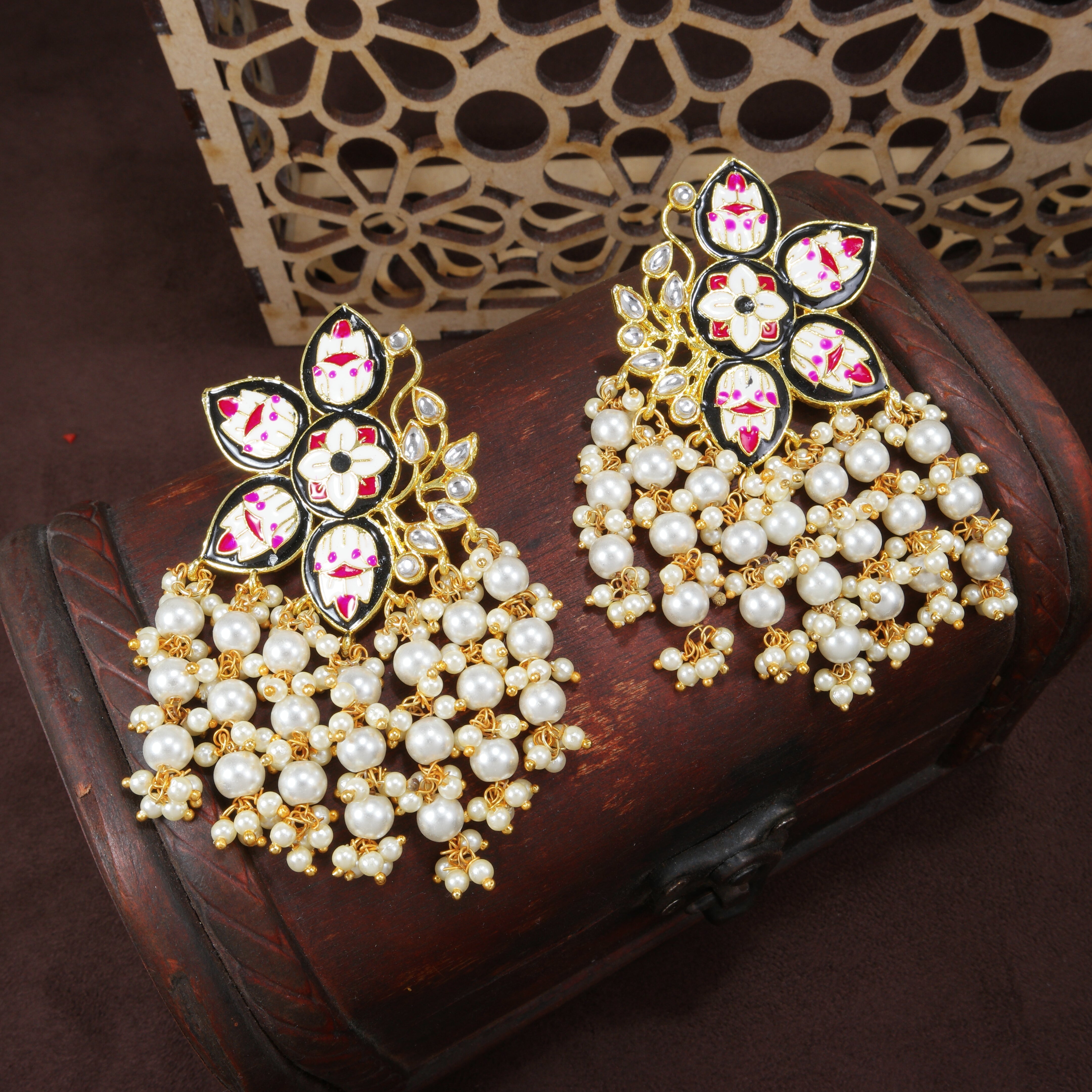 Women's 18k Black gold plated handcrafted kundan studded floral drop earrings