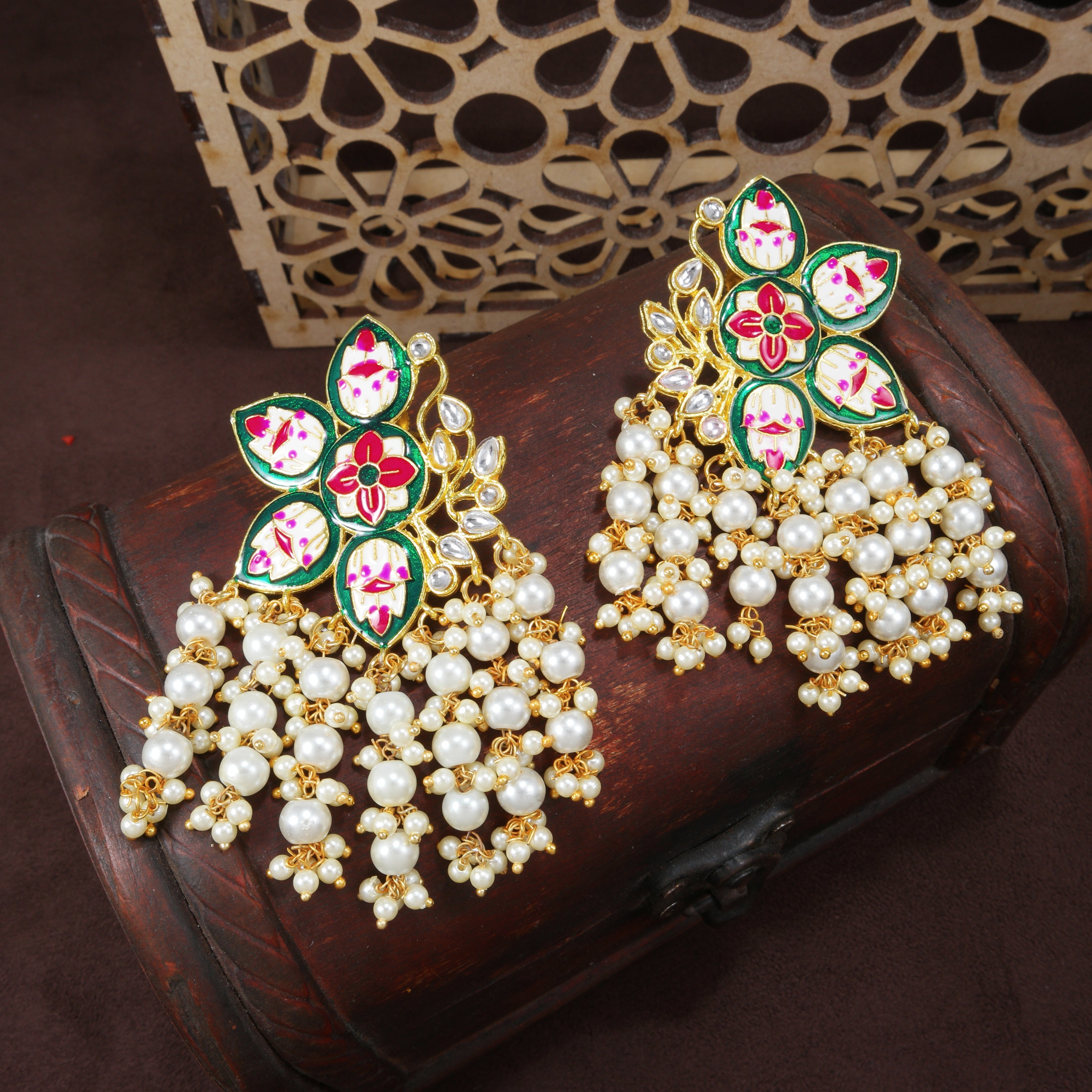 Women's 18k green gold plated handcrafted kundan studded floral drop earrings