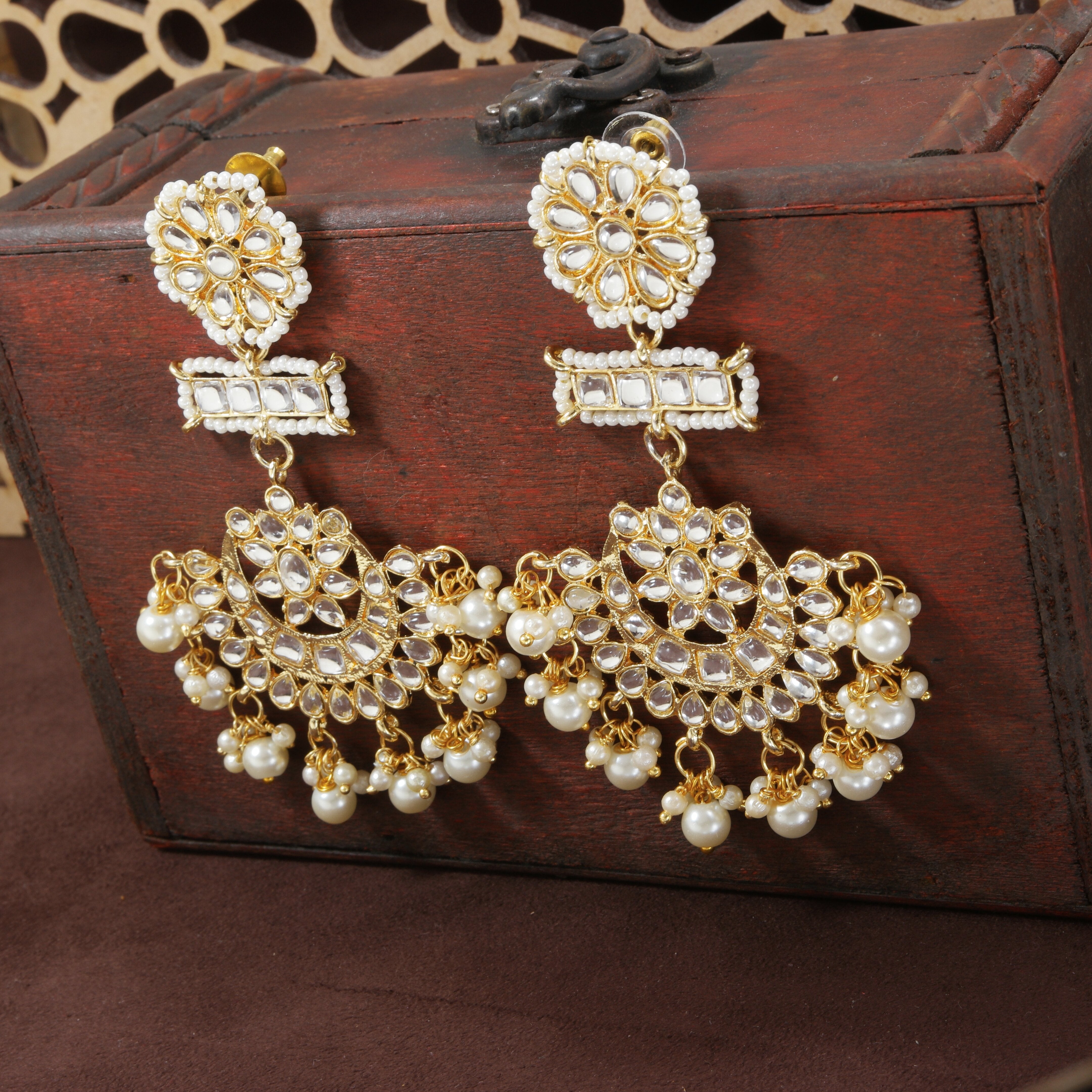 Women's White Gold Plated Beaded Chandbali Earrings Glided With Kundans & Pearls