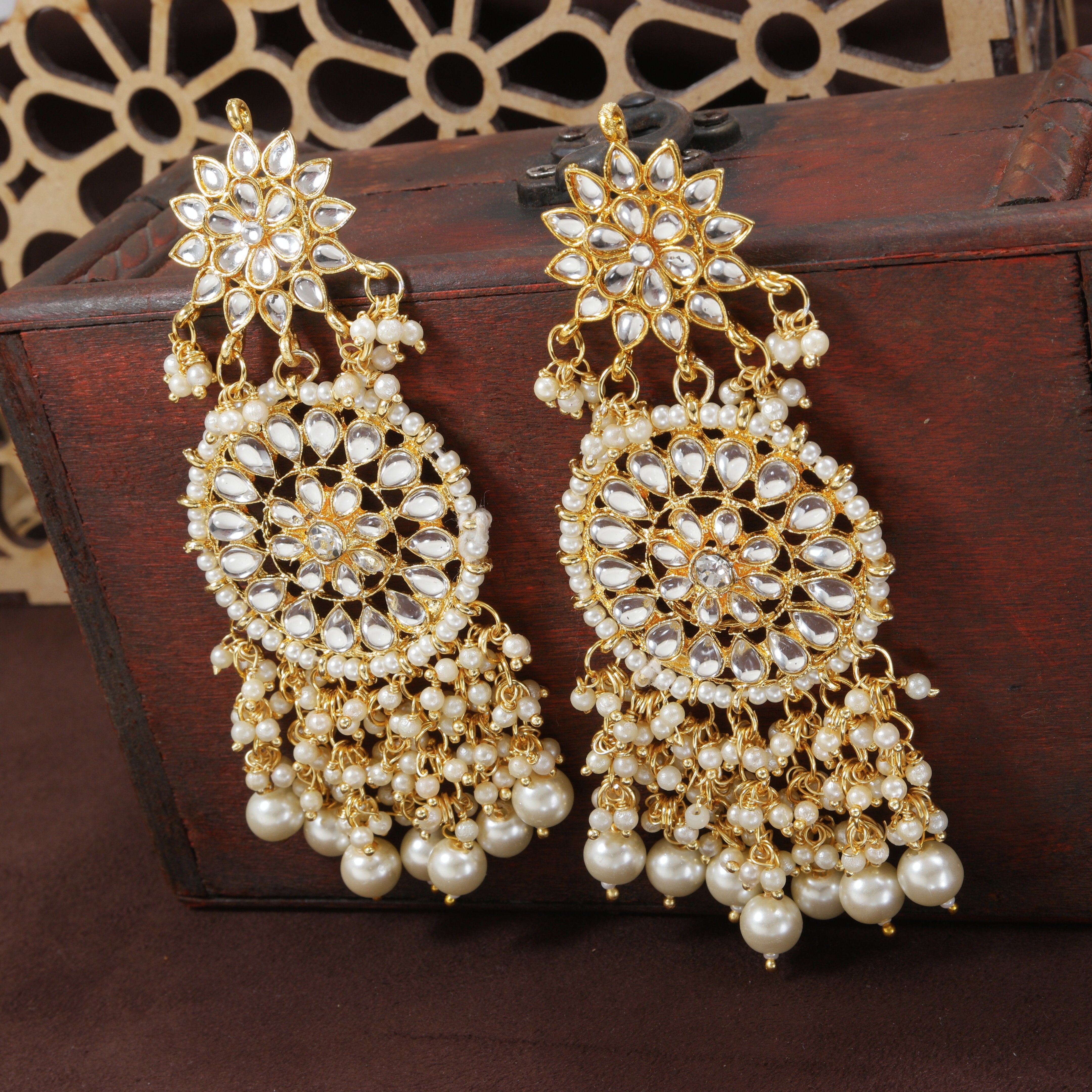 Women's  Gold Plated White Drop Earrings Glided With Kundans & Pearls