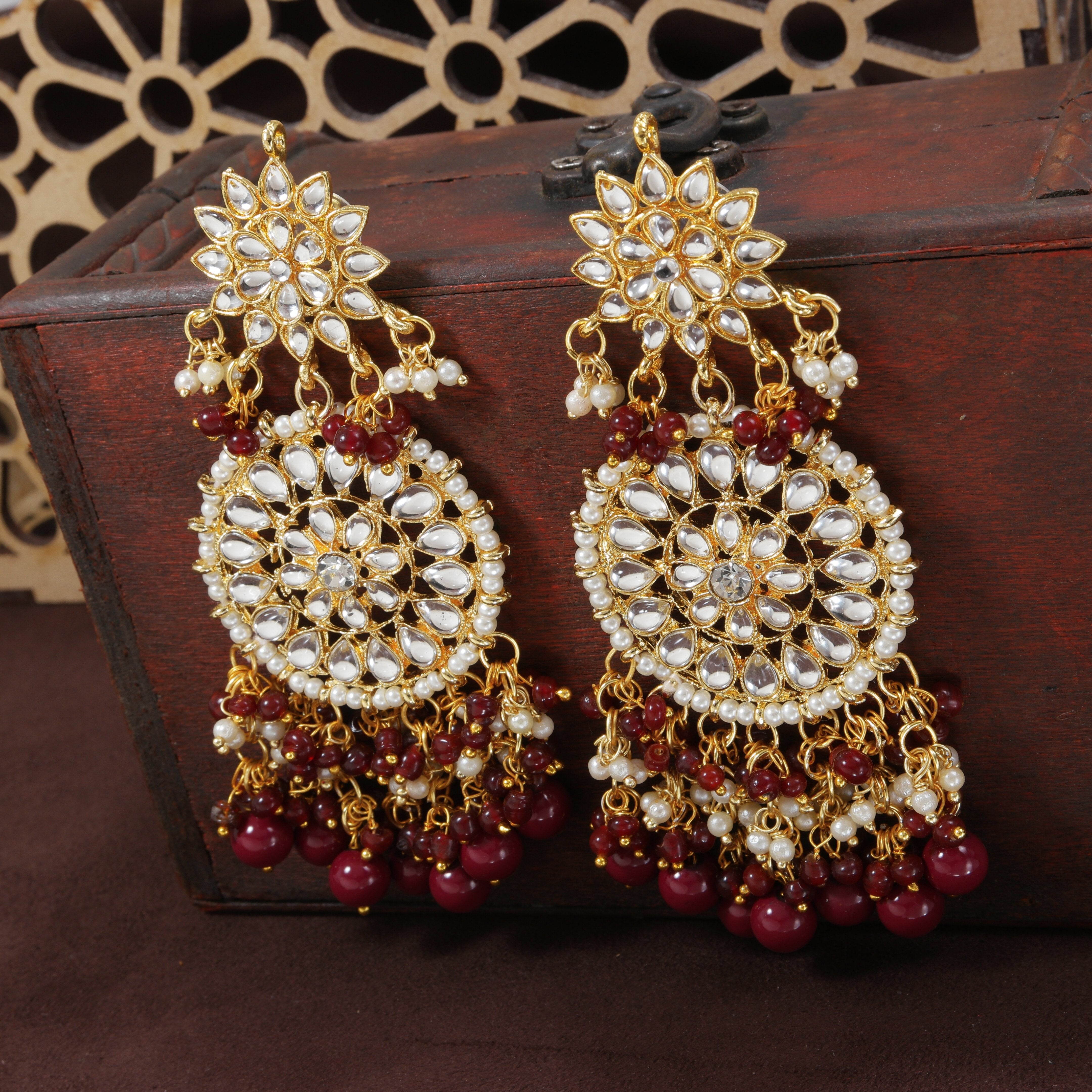 Women's  Gold Plated Maroon Drop Earrings Glided With Kundans & Pearls