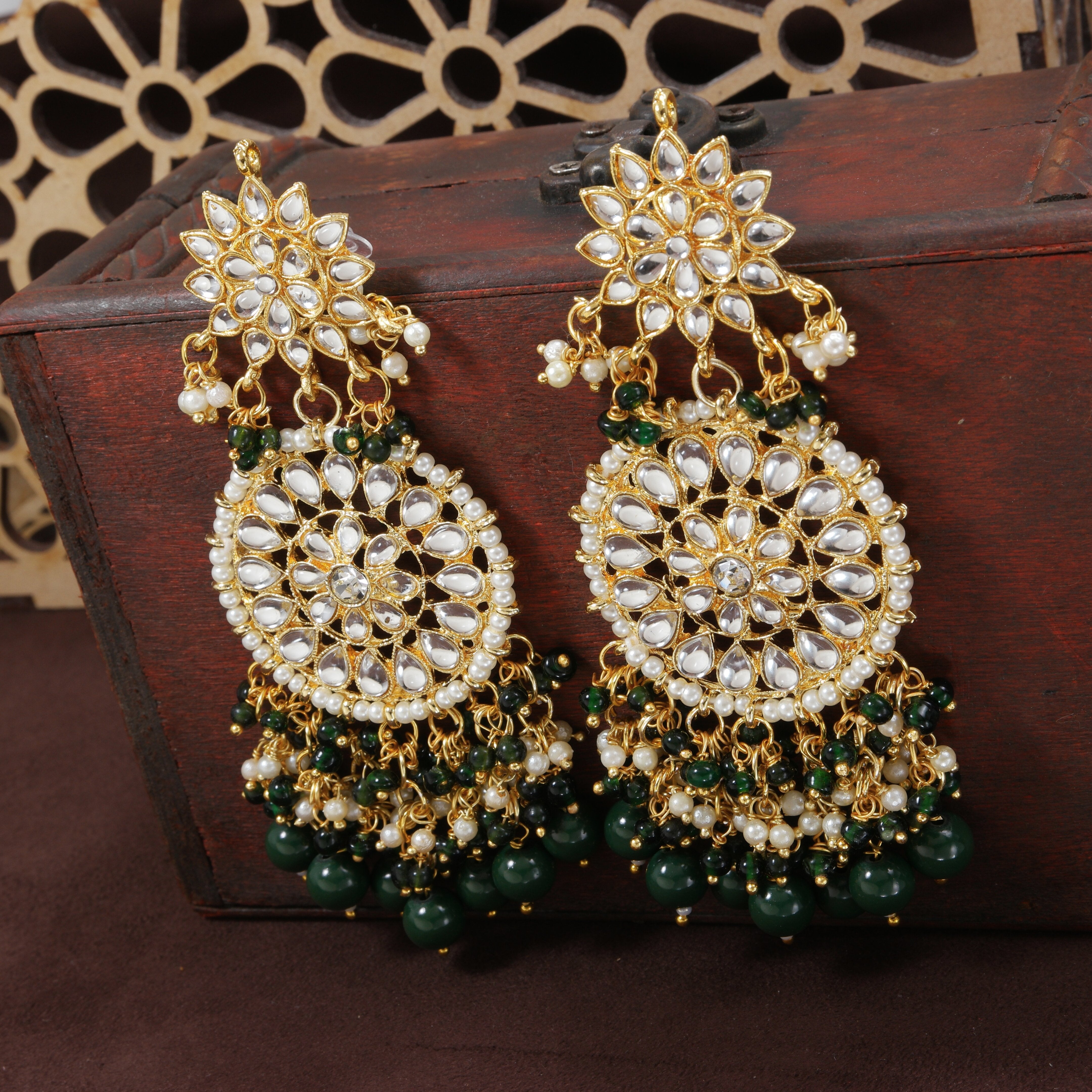 Women's  Gold Plated Green Drop Earrings Glided With Kundans & Pearls