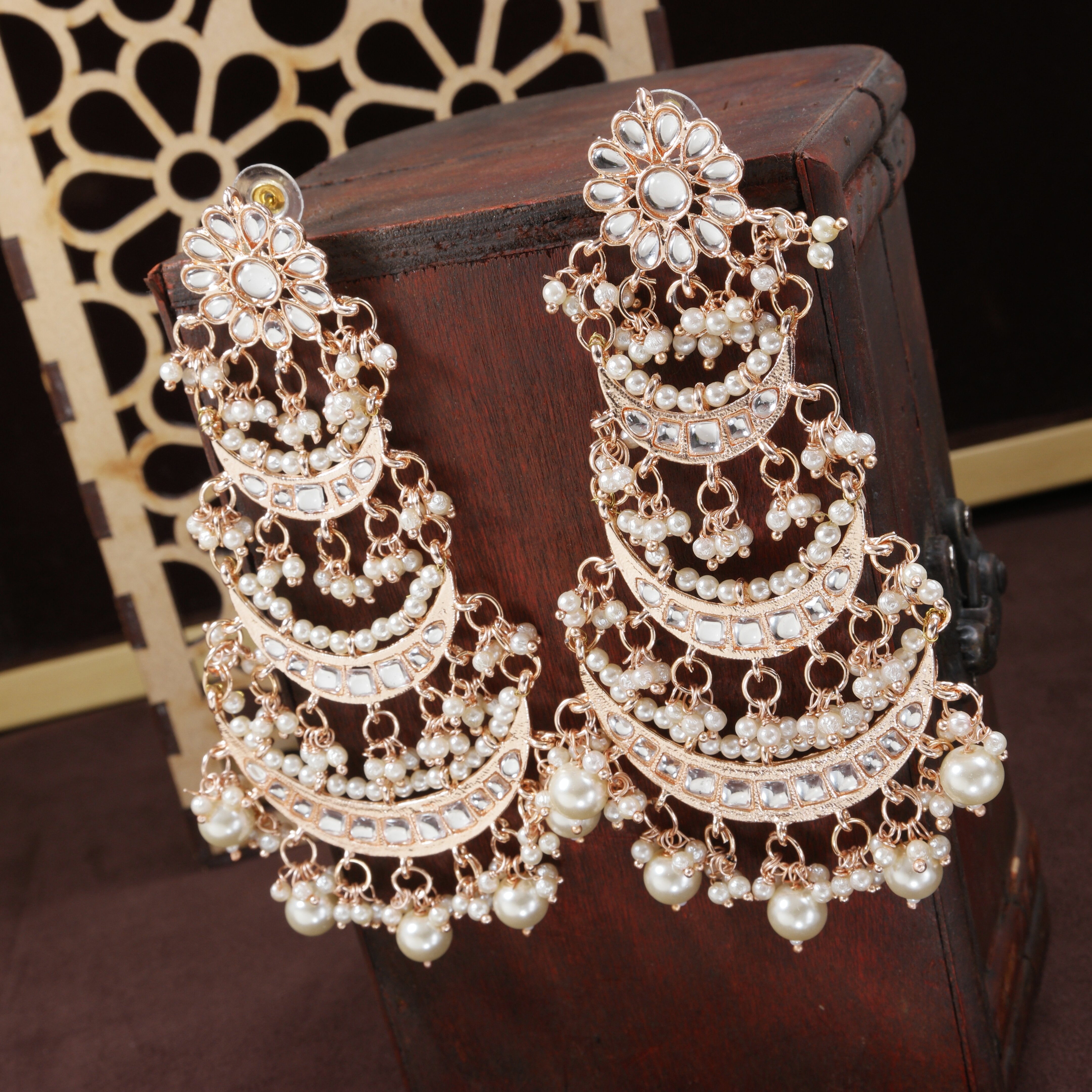 Women's  Rose Gold Plated 3 Layered Beaded Chandbali Earrings With Kundan And Pearl Work