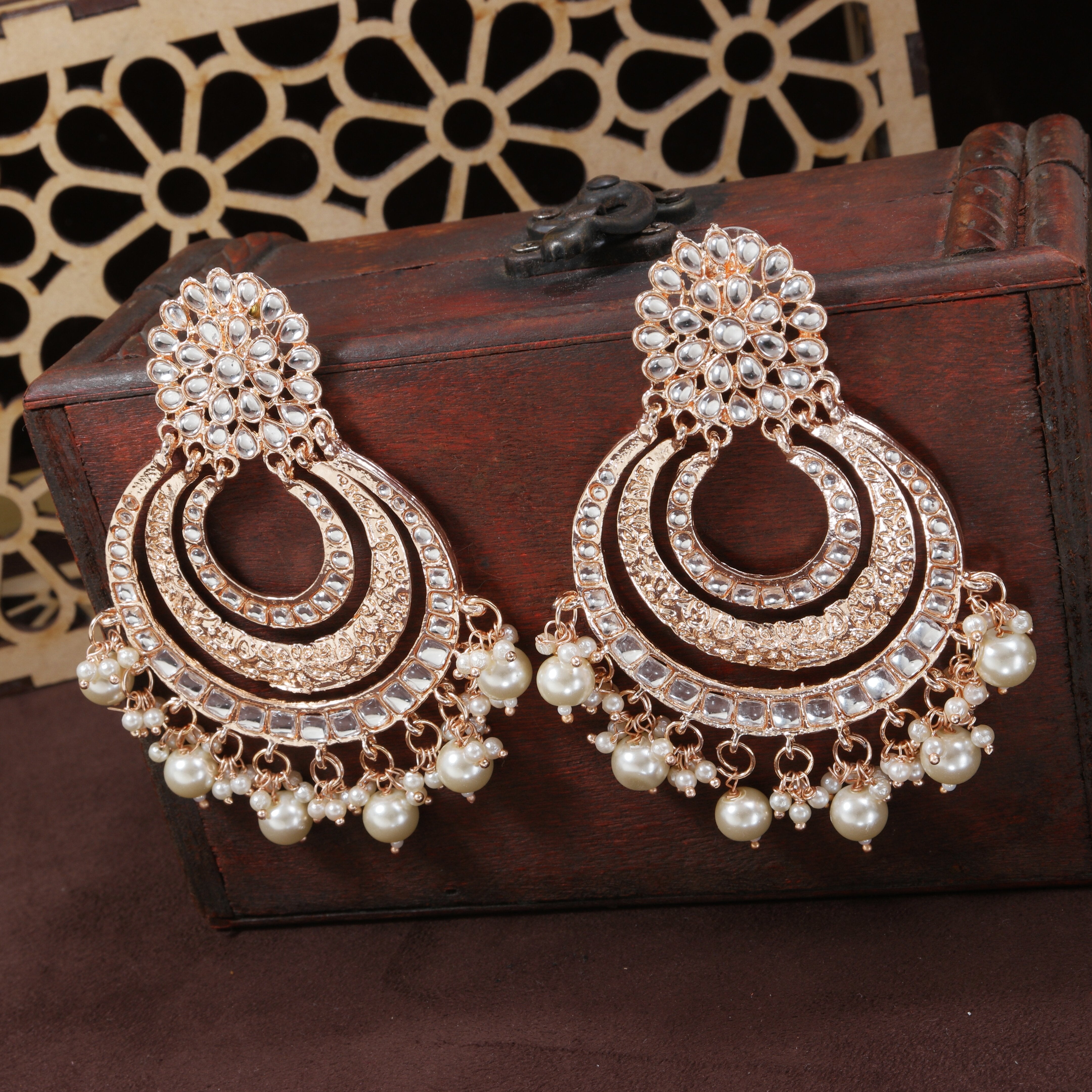 Women Rose Gold Kundan & Pearl Chandbali Earrings by I Jewels (1 Pai
