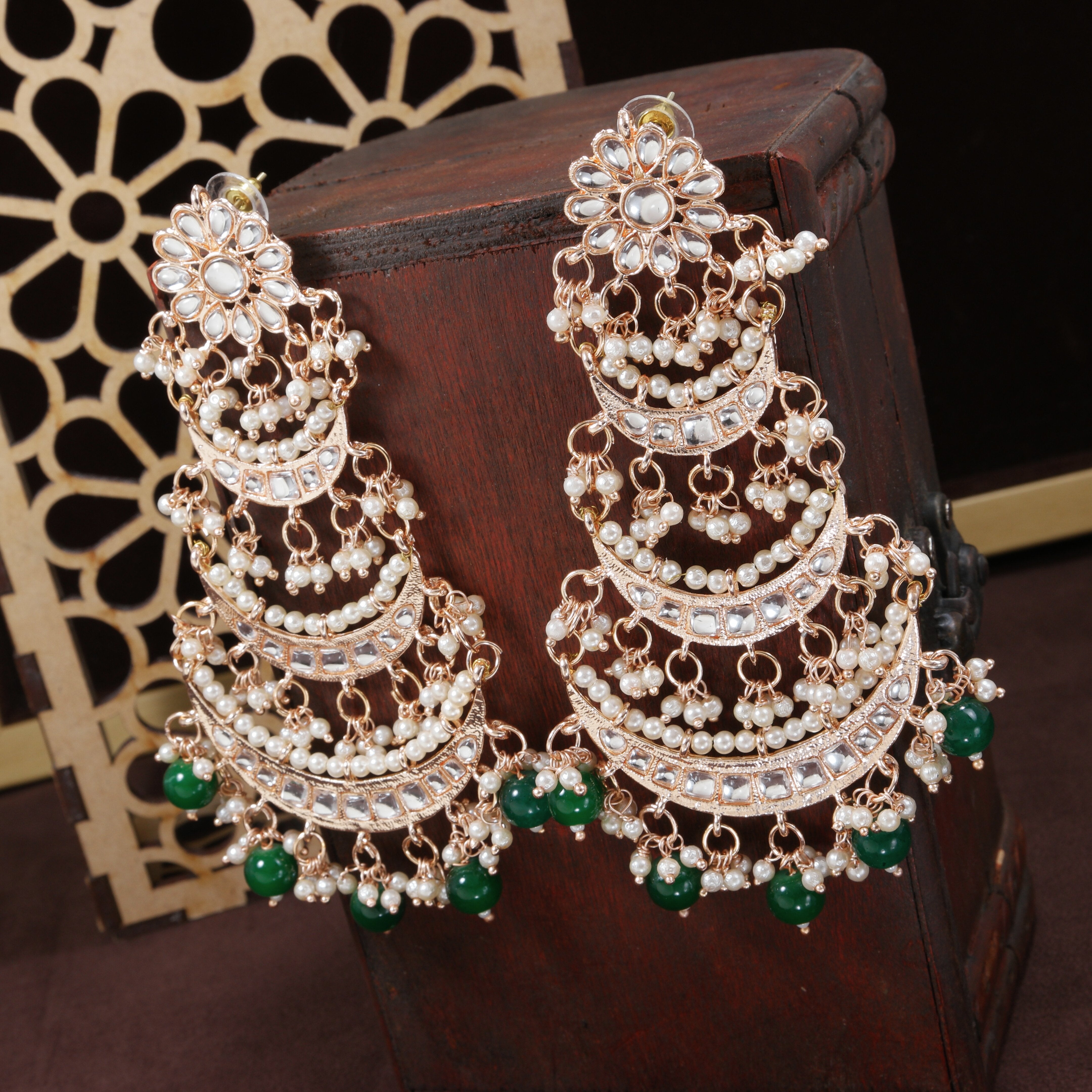 Women's  Rose Gold Plated 3 Layered Beaded Chandbali Earrings With Kundan And Pearl Work