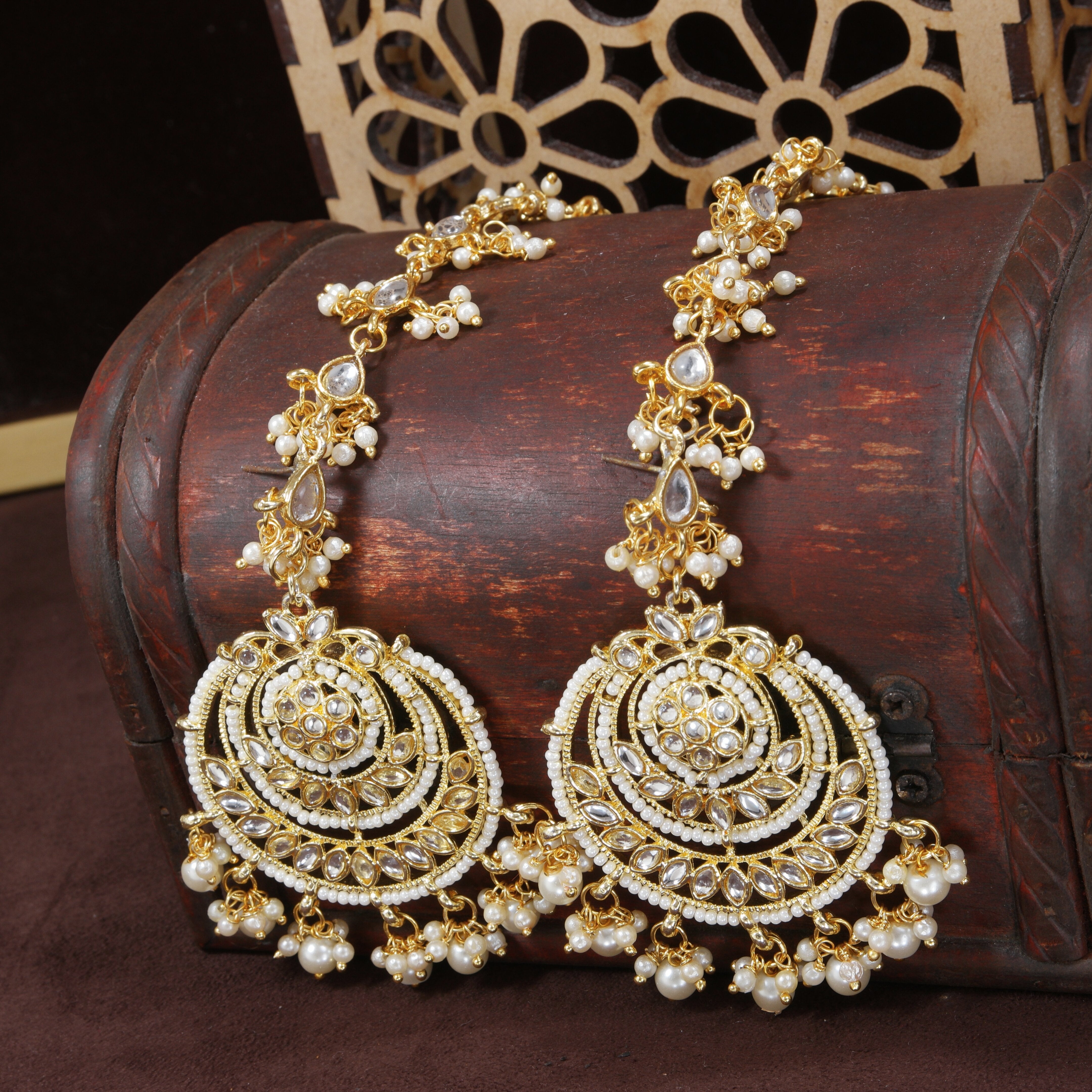 Women's  Gold Plated White Alloy Kundan Stones & Pearl Earrings With Hair Chain