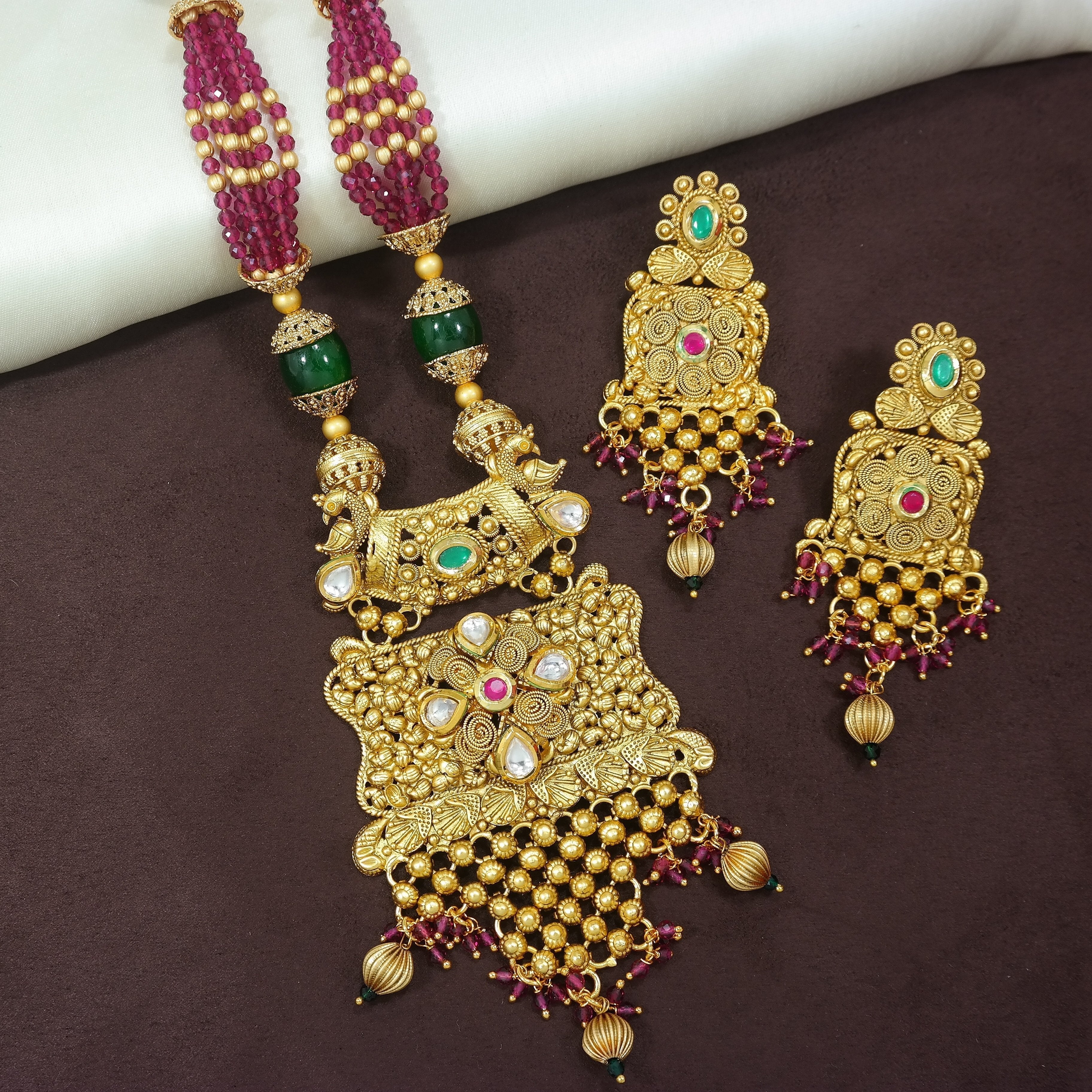 Women's 18K Gold Plated Traditional Long Beaded Brass Jewellery Set with Uncut Polki Kundan
