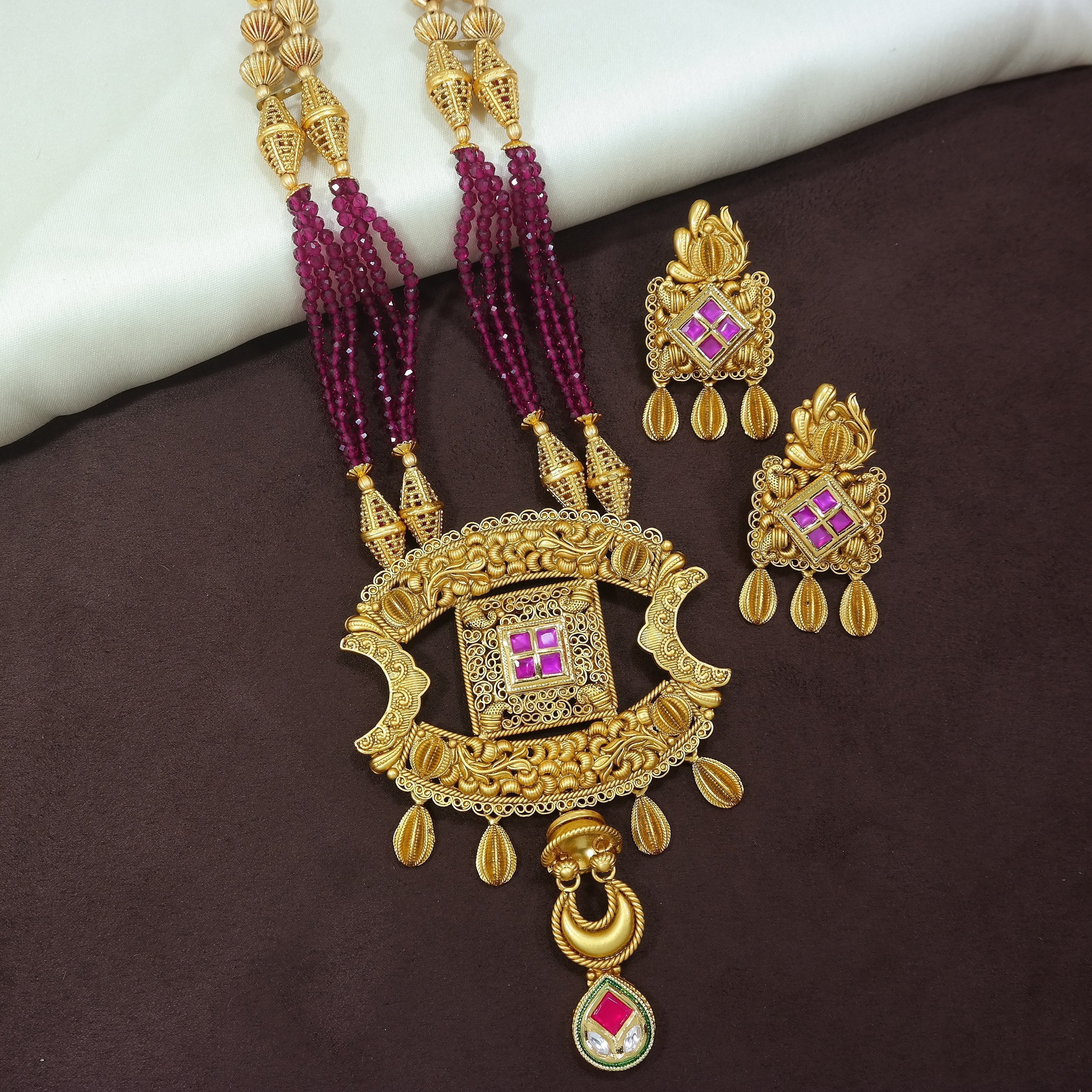 Women's 18K Gold Plated Traditional Long Beaded Brass Jewellery Set with Uncut Polki Kundan
