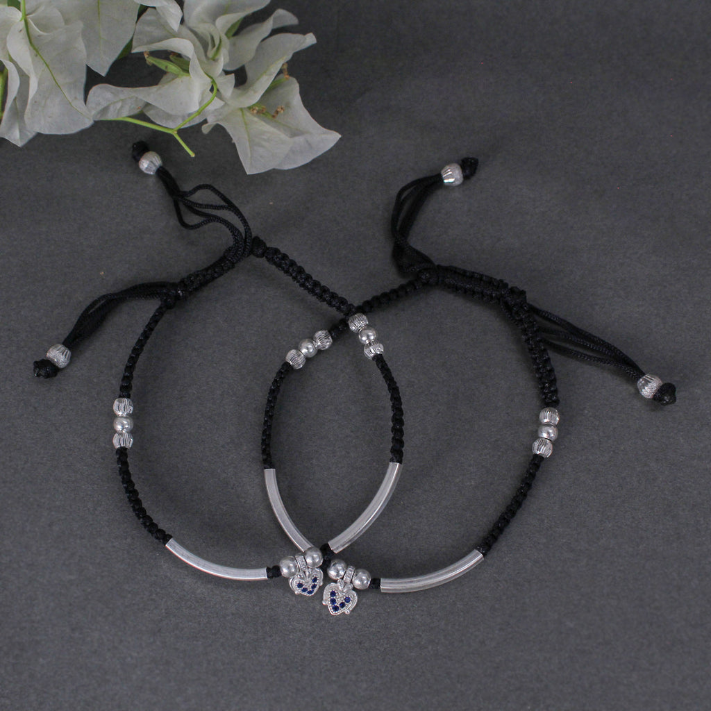 Women's Black Adjustable Thread Silver Anklets