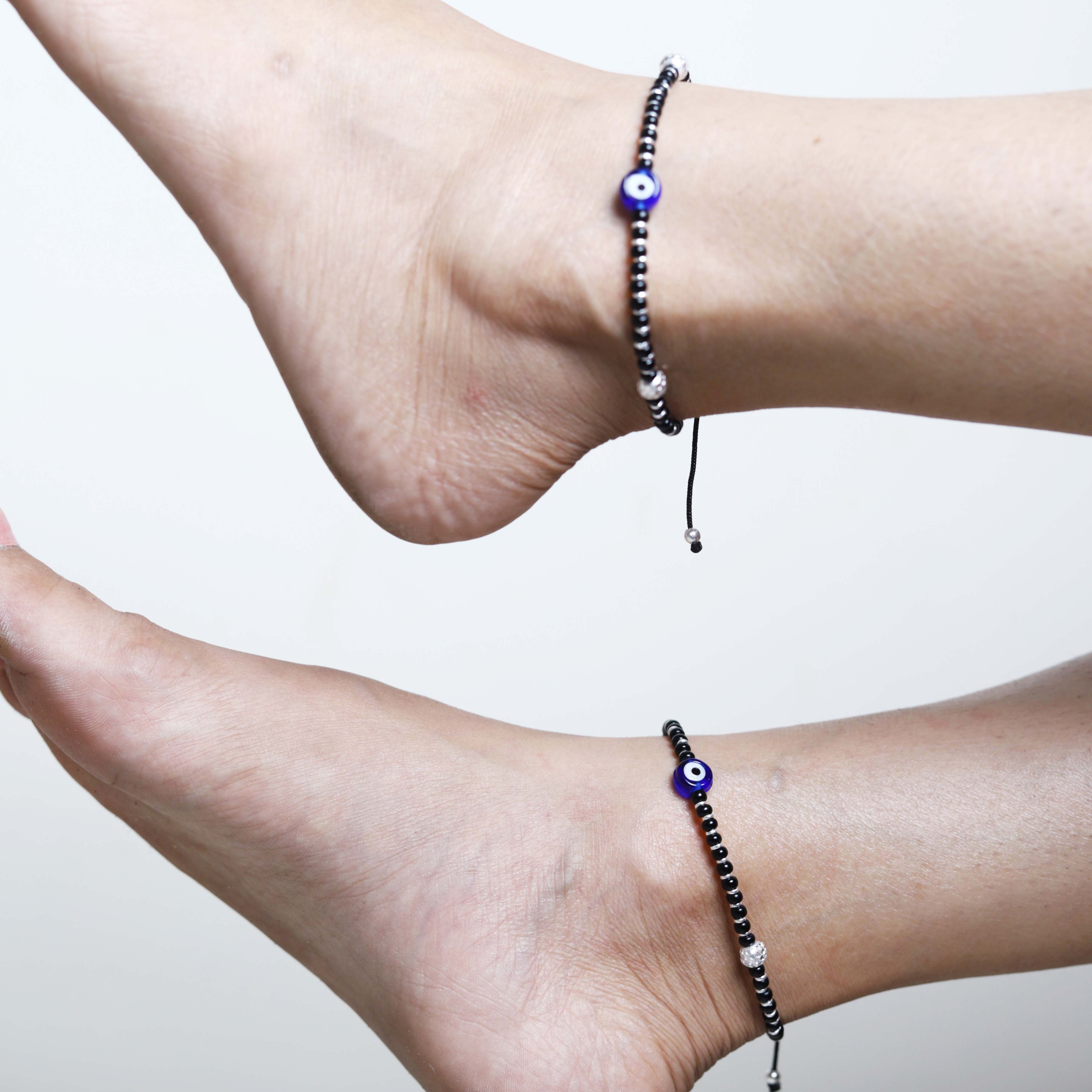 Women's Black Adjustable Thread Silver Anklets - Abhika Creations