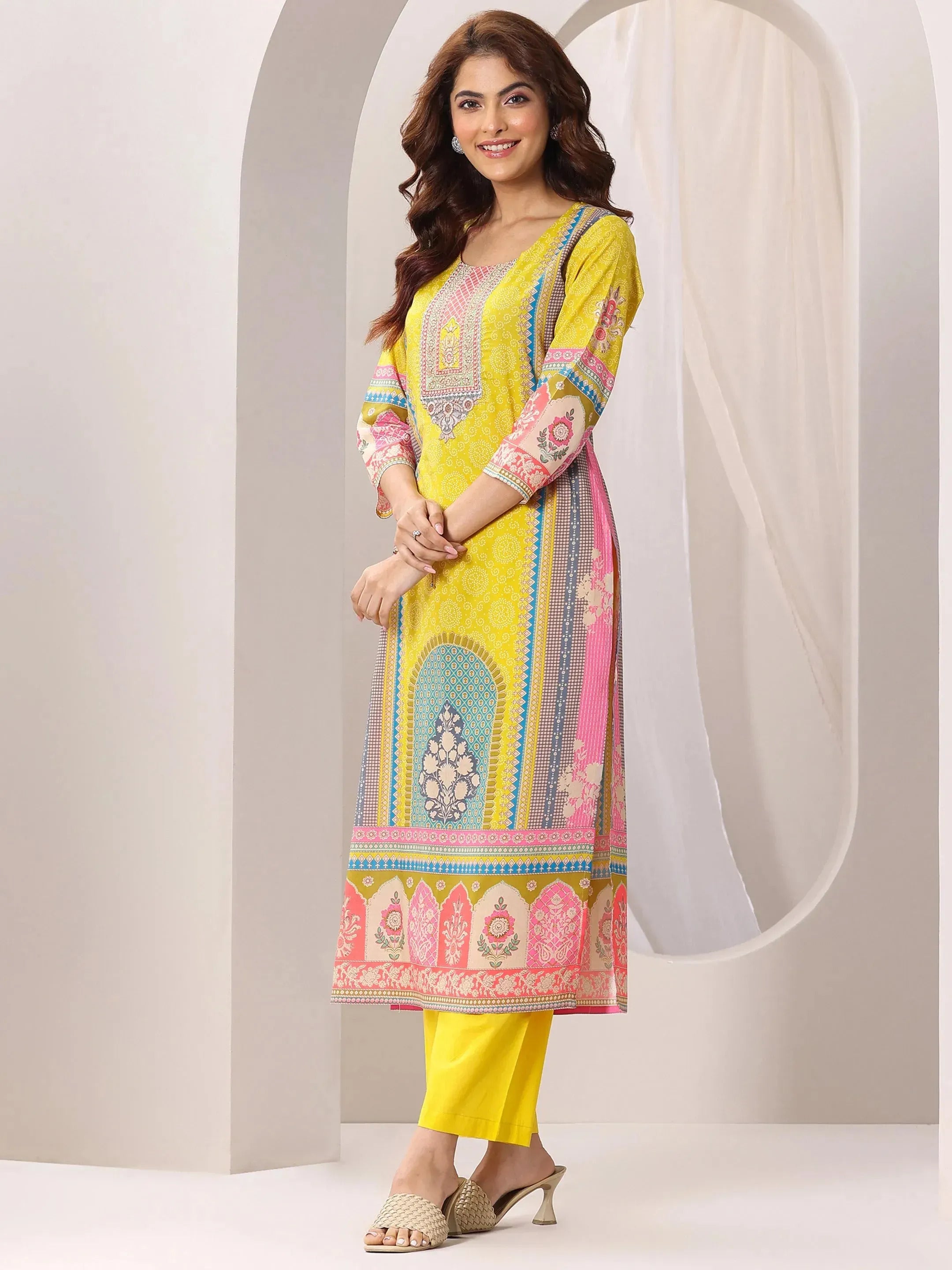 Women's Yellow French Crepe Printed Kurta Set
