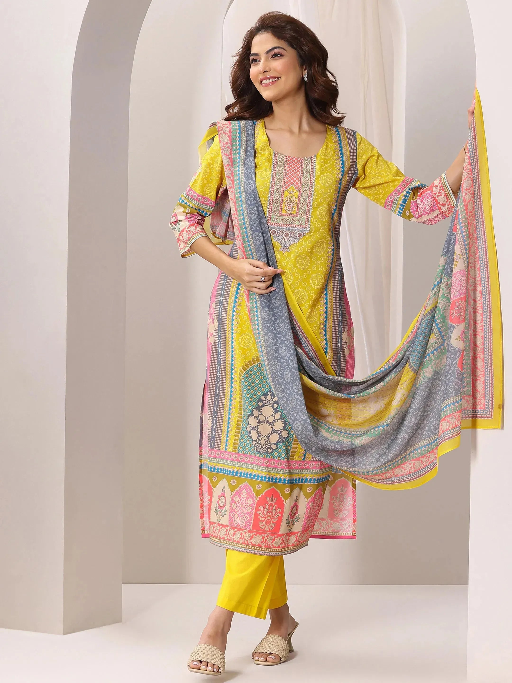 Women's Yellow French Crepe Printed Kurta Set