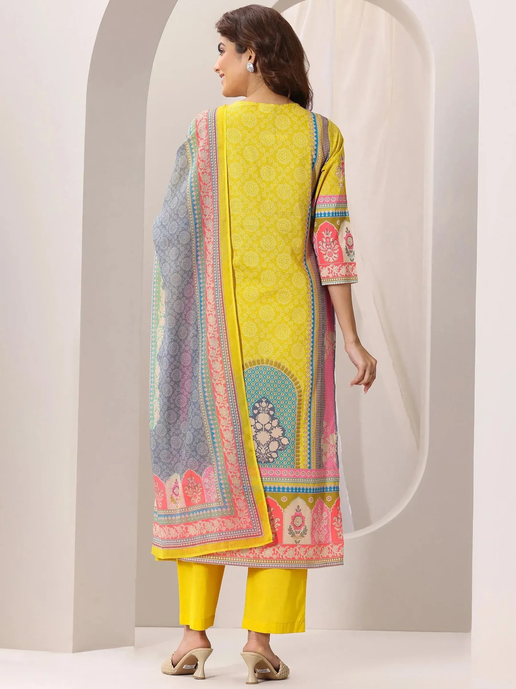 Women's Yellow French Crepe Printed Kurta Set
