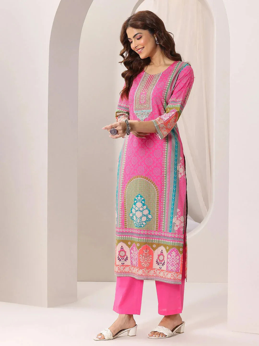 Women's Pink French Crepe Printed Kurta Set
