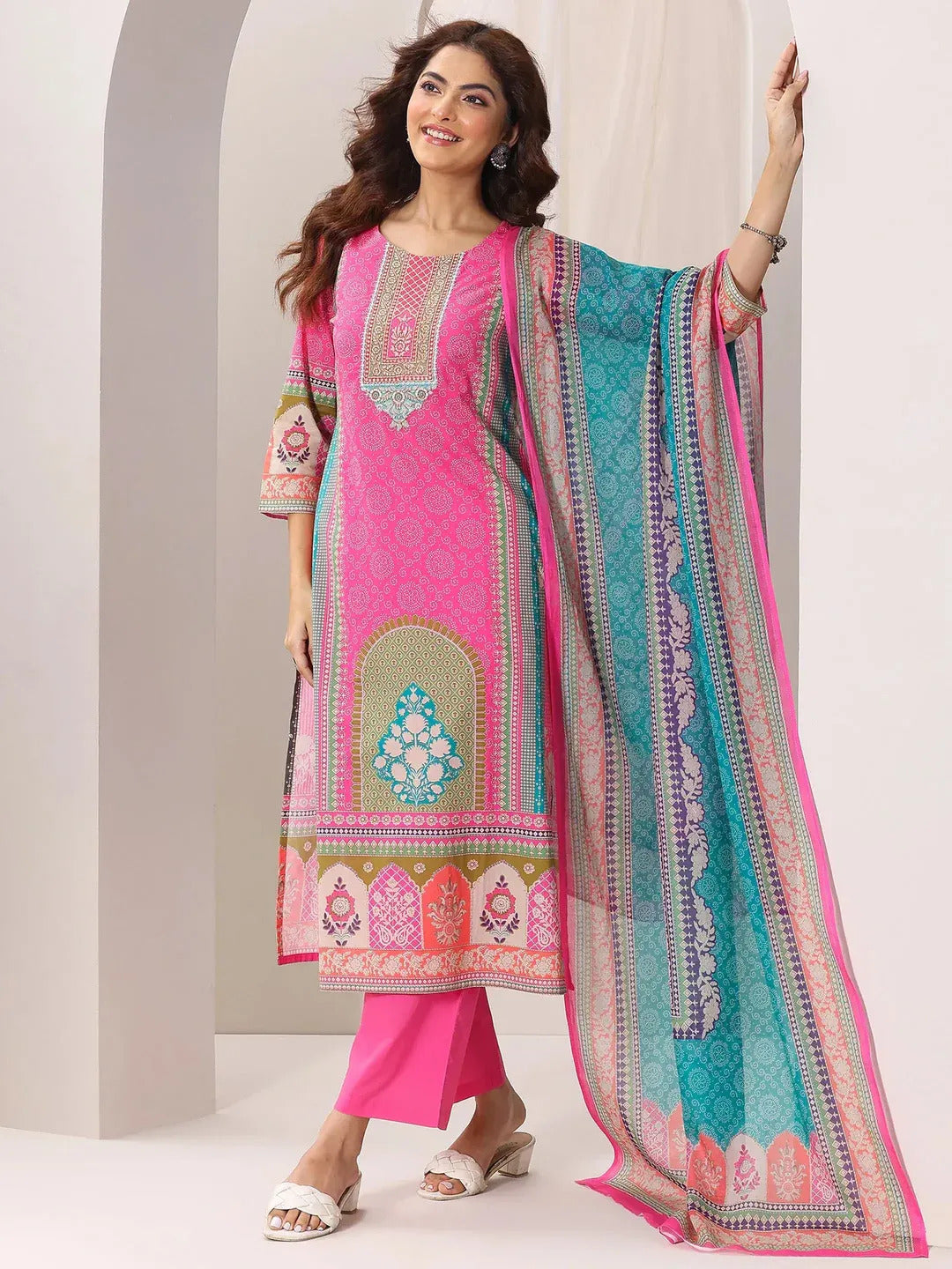 Women's Pink French Crepe Printed Kurta Set