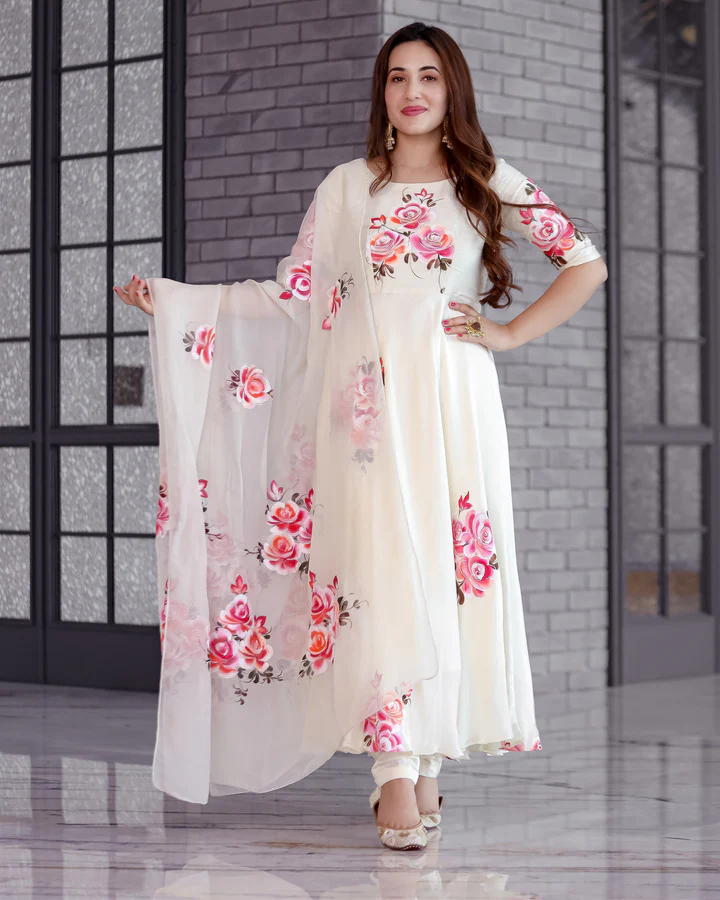 Women's White Georgette Printed Kurta Set