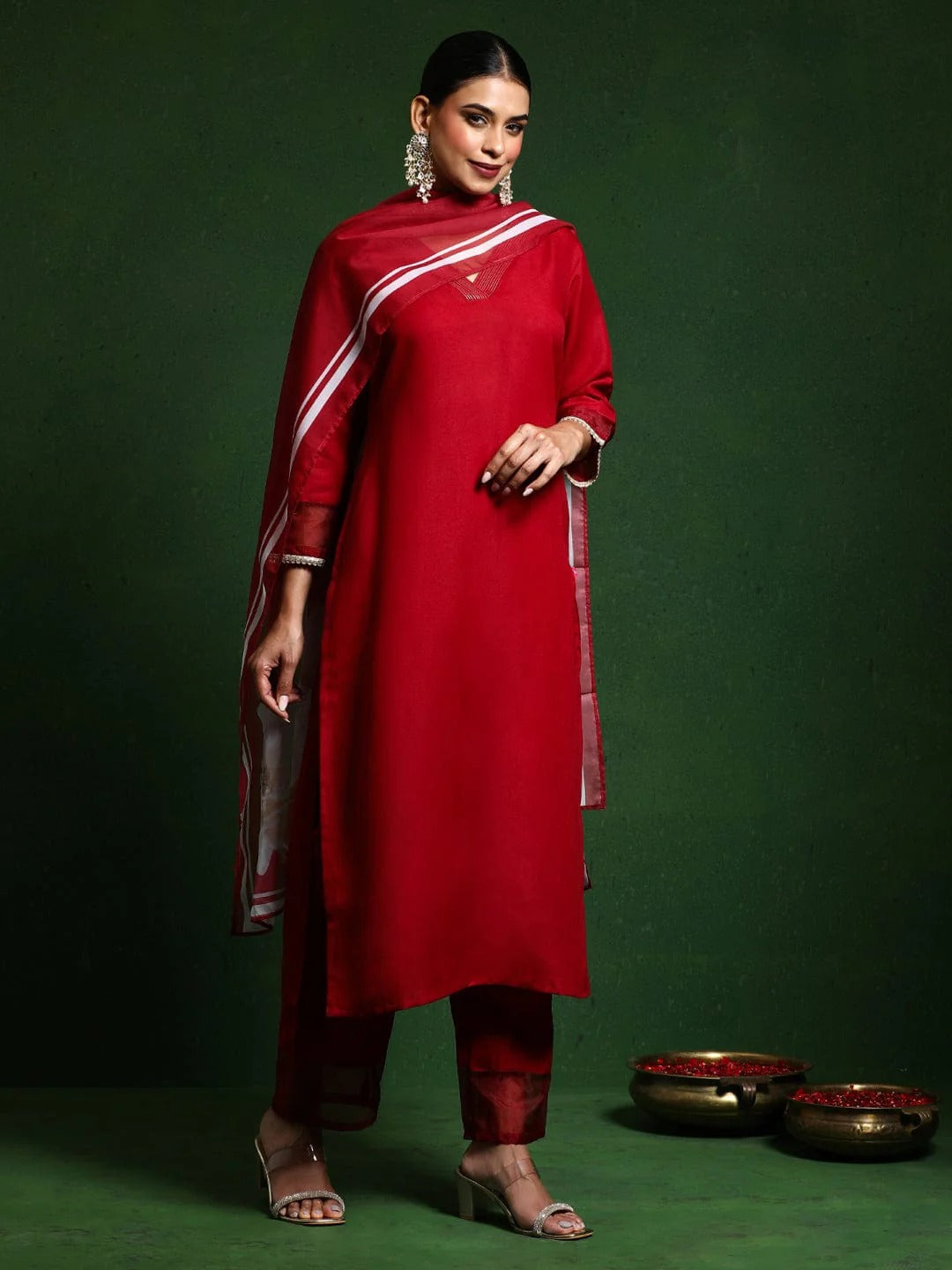 Women's Red Pv Chanderi Embroidered Kurta Set